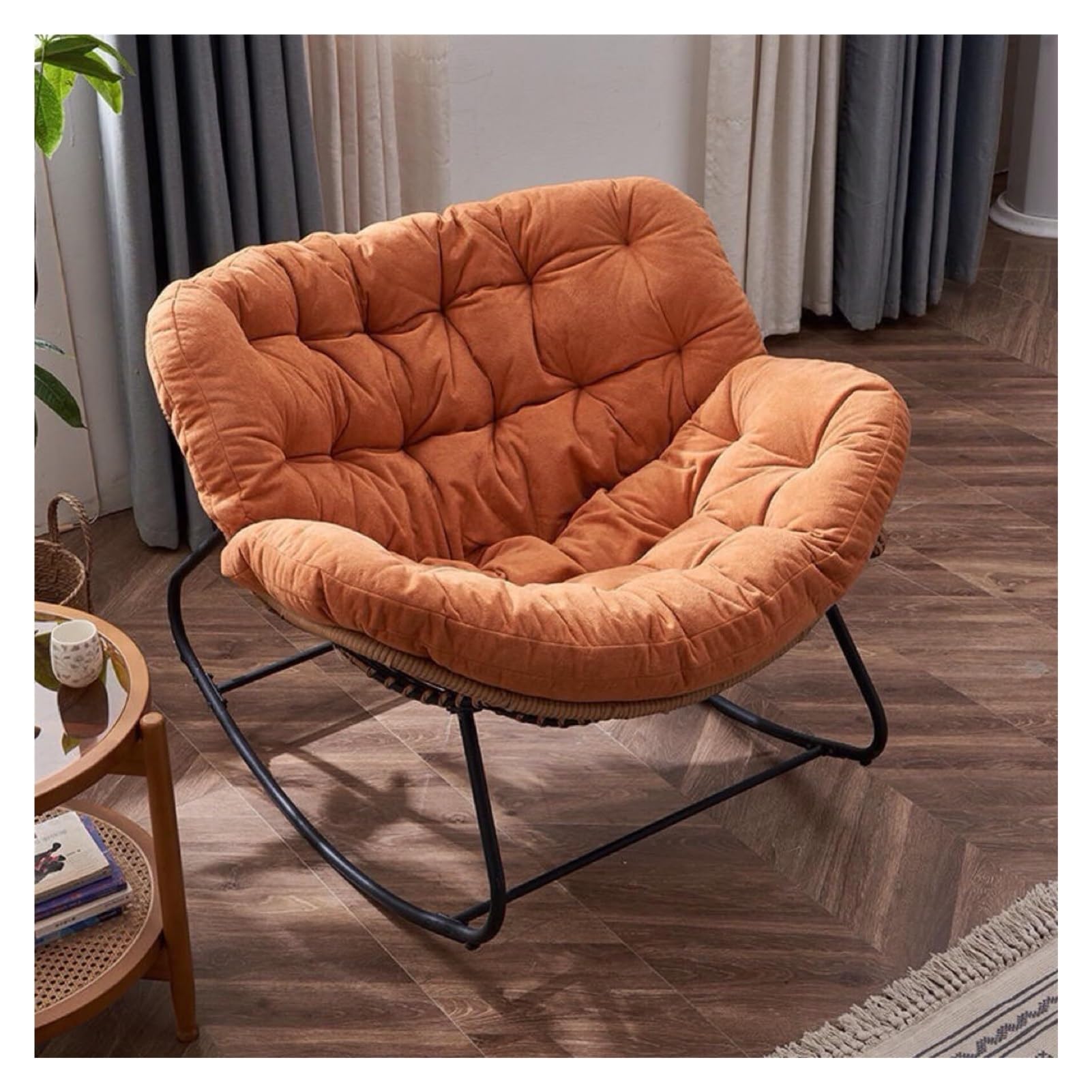 Chaise à bascule d'extérieur avec coussins pour jardin et terrasse noir et beige