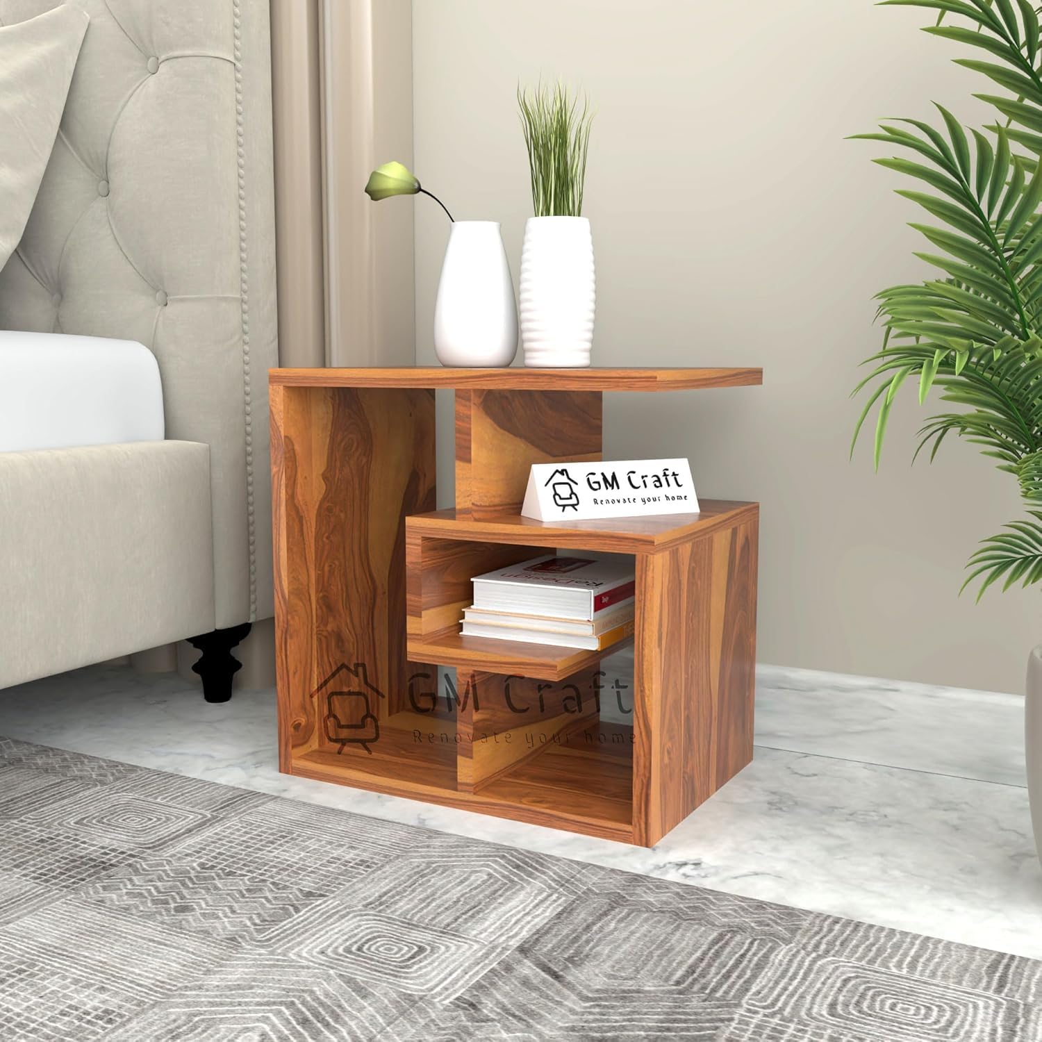 Sheesham Wood Bedside Table for Bedroom with Open Shelves Storage - Wooden Bedside Table Nightstand End Table for Living Room Sofa Side Table (Design 3)-picture-22