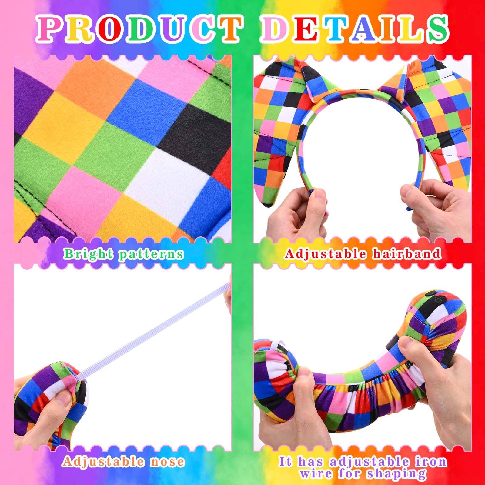 Kavoc Patchwork Elephant Costume Accessories with Colorful Elephant Ears Headband Trunk for World Book Day Animal Fancy Dress up - Image 3