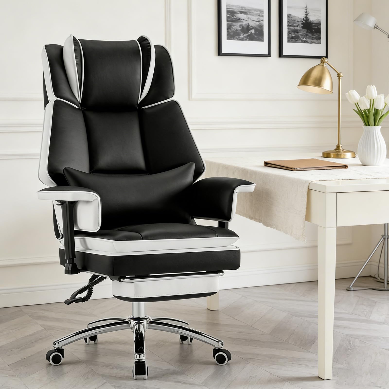 Sedia da Ufficio Ergonomica 180 kg, Poltrona Direzionale XXL con Poggiapiedi, Sedia Gaming e Scrivania con Braccioli Regolabili, Schienale Reclinabile, Girevole per Ufficio e Home Office, Nero Bianco