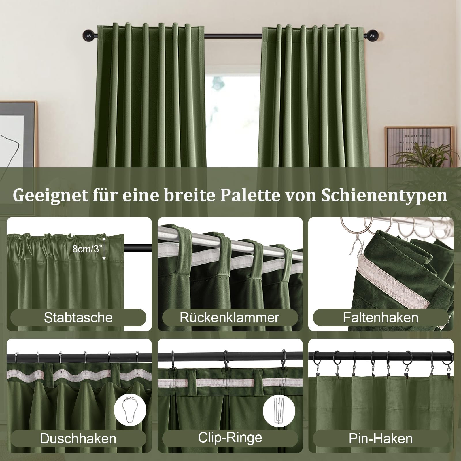 2er Set Samtvorhang Kräuselband, Schöne Samt Gardinen Verdunkelung Multifunktionsband, Thermogardine, Velvet Vorhang Flächenvorhänge Wohnzimmer, Schlafzimmer (H244xB132CM, Oliver Grün)