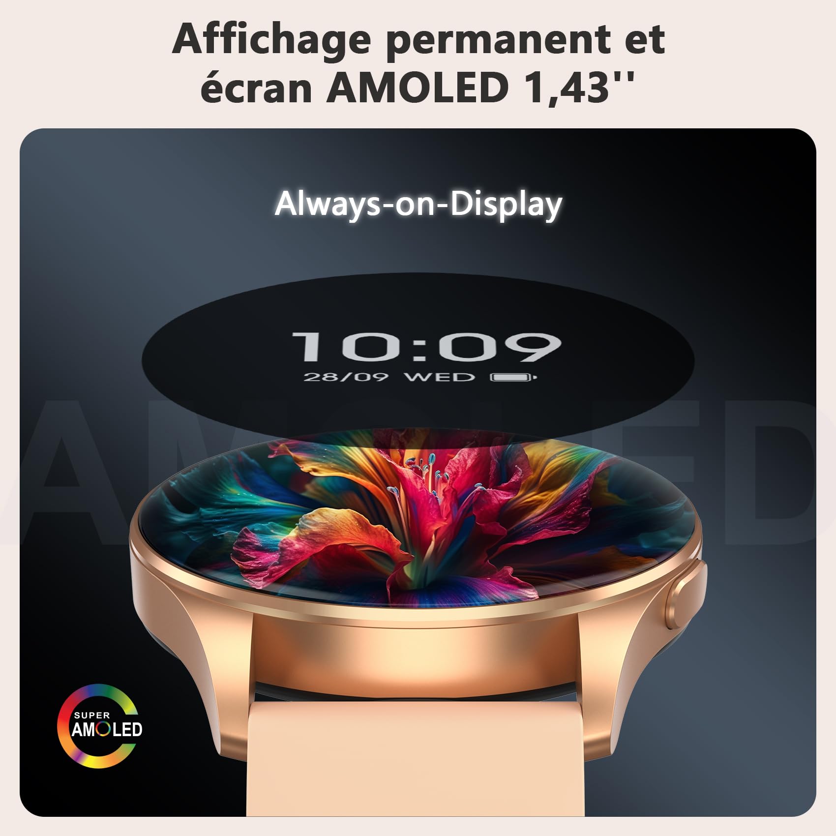 Blackview Montre Connectée Smartwatch Hommes Femmes - Écran AMOLED 1.43", Appels Téléphoniques Directs, Moniteur Fréquence Cardiaque 24/7 et Sommeil, Compatible Android iOS, Montre Sport Étanche IP68