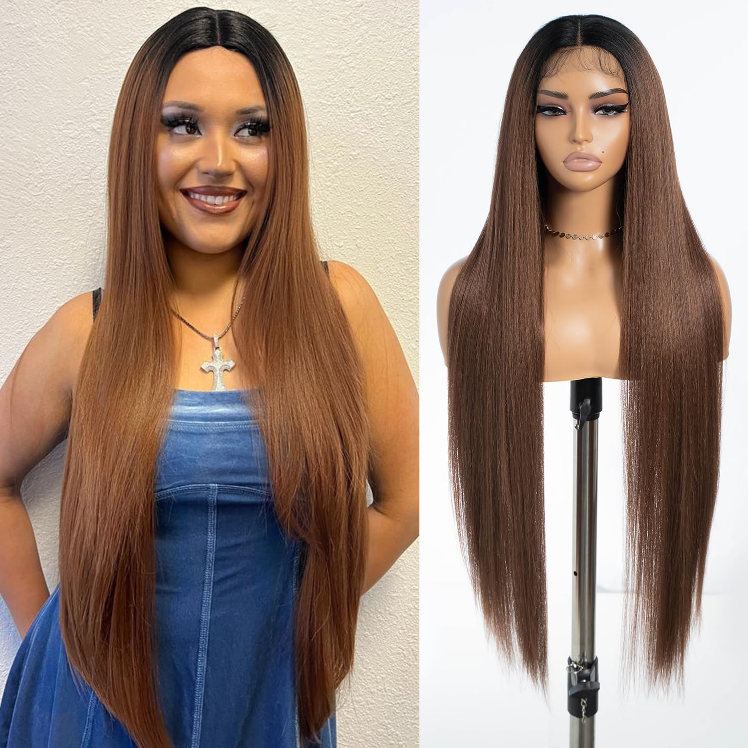 JOEDIR HAIR 36 inch Dark Brown Long Straight Synthetic Lace Front Wig for Women Super Long Brown Wig Light Yaki Straight Hair T Part Lace Wig 150% Density (Color:1B/30)