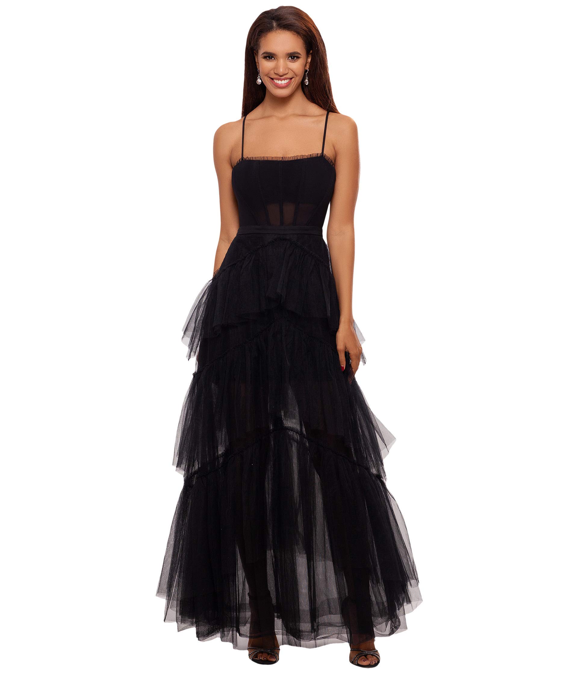 Betsy & Adam 297671 Long Corset Tiered Mesh Illusion Gown Black Size 6
