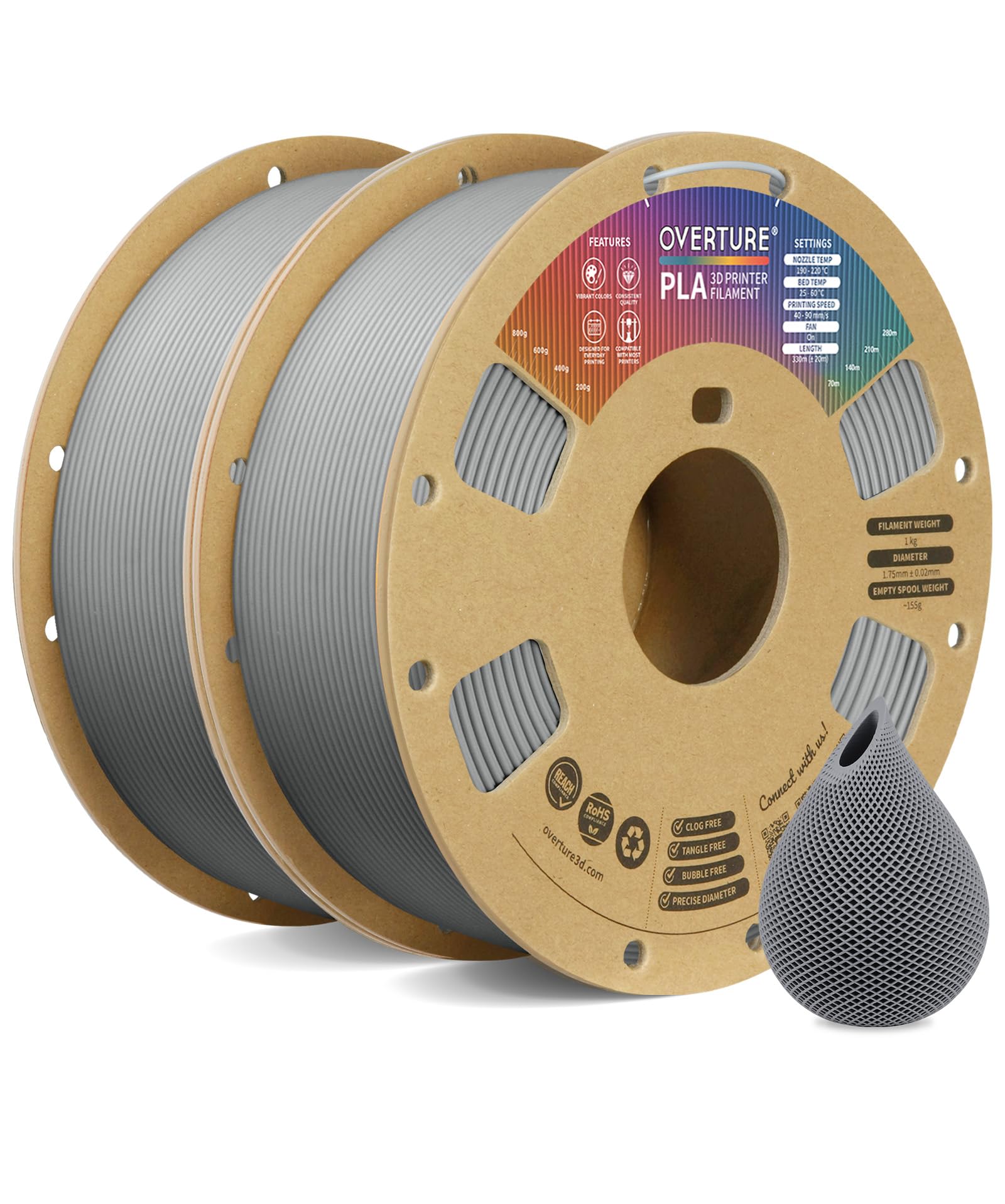 OVERTURE 2KG Bundle PLA Filament 1.75mm, Neatly Wound 3D Printer Filament 2 Pack 1kg Spool (2.2lbs), Dimensional Accuracy +/- 0.02 mm, Fit Most FDM 3D Printers (Light Gray 2-Pack)