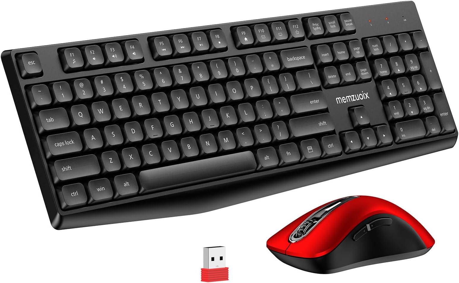 Wireless Keyboard and Mouse Combo, memzuoix 2.4G Full-Size Ergonomic Keyboard Mouse Set, Lag-Free Cordless One USB Receiver for PC, Laptop, Windows, Mac(Black Keyboard + Red Mouse)