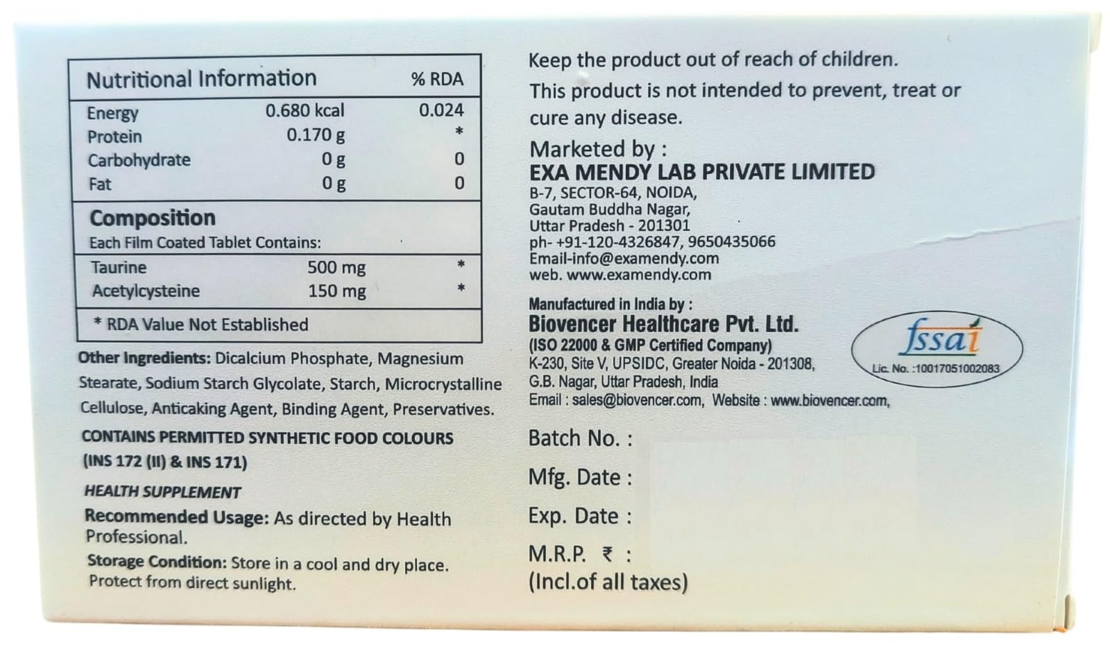 Saferida Tab Taurine, Acetylcysteine Tablets, 1 * 10 Tab 2