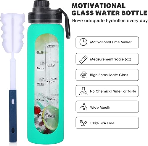 Miniatura 2 de Botellas de agua de vidrio de 32 onzas con funda de silicona, botellas de hidratación para beber, reutilizables, sin BPA, borosilicato, boca ancha,