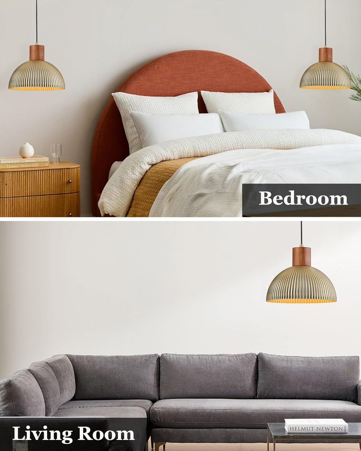 ELYONA Vintage Ash Wood Dome Pendant Light 12" Hanging Lamp with Brushed Brass Metal Shade & Gold Inner Finish, Modern Pendant Light Fixtures for Kitchen Island Dining Room Bedroom Living Room Hallway