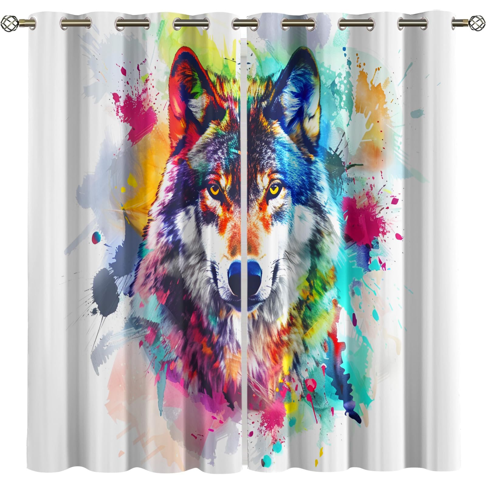 MPUTIE Wolf Curtains 40 inch Length, Abstract Wolf Blackout Curtains for Boys Bedroom, Colorful Animal Splash Art Grommet Curtains 2 Panels, Thermal