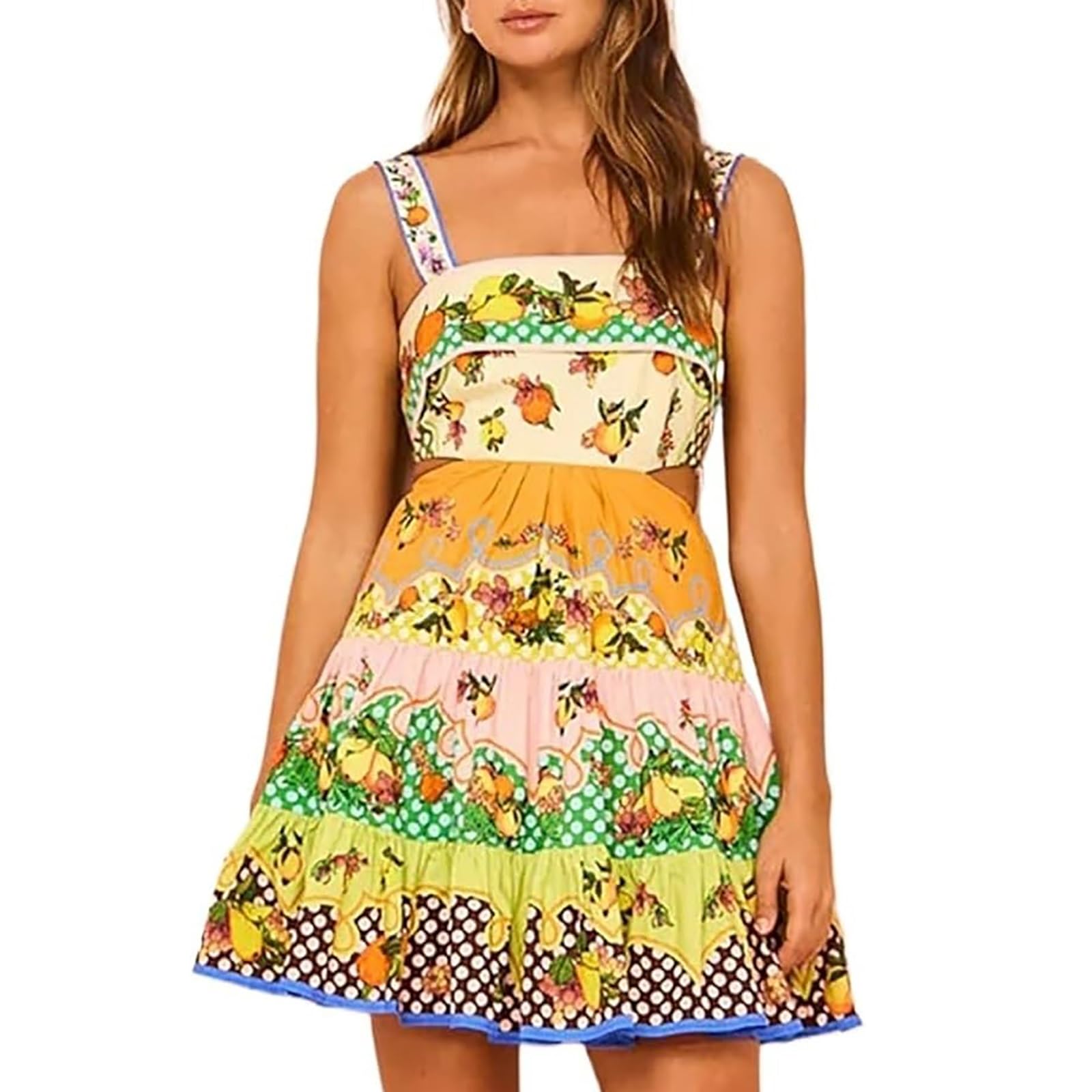 Abito Estivo Boho Donna, Senza Maniche con Spalline Sottili, Stampa Floreale, Patchwork, Legato Dietro, Casual Chic