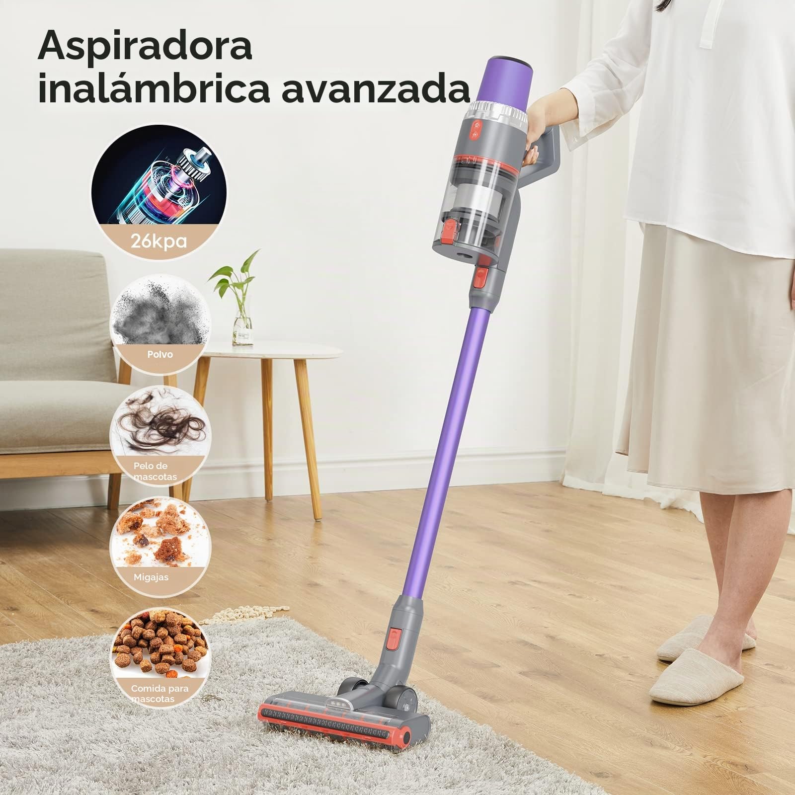 Jashen V16 Cable, Aspiradora de Mano 4 en 1, 22000 Pa de Potencia Bolsa, hasta 40 min de Aspiración, Batería Extraíble, 350 W, 0.6 litros, 70 Decibeles, 3 Velocidades, Púrpura