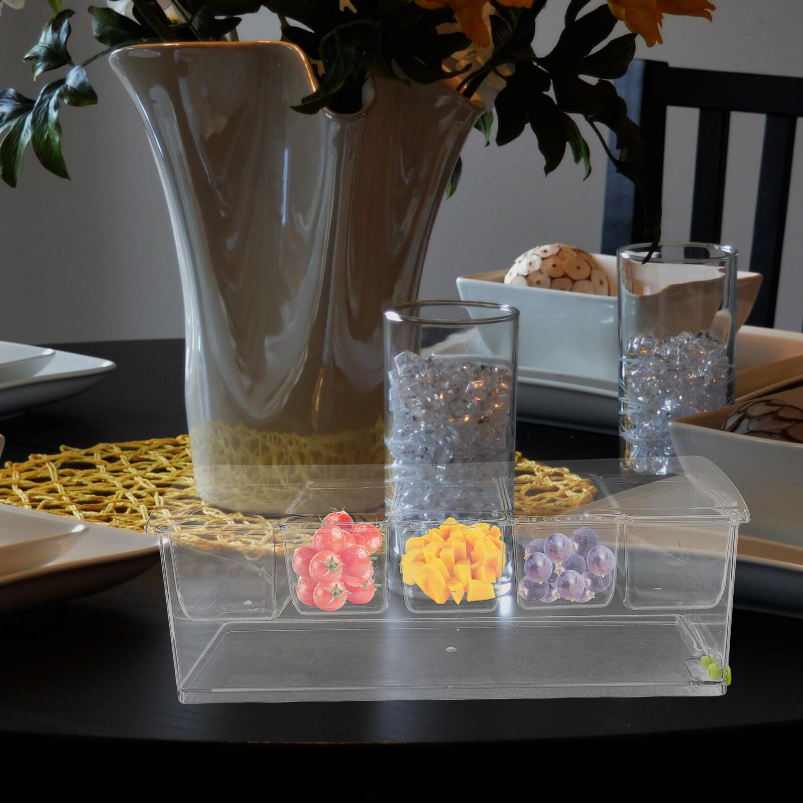 COLLBATH Set 9 Pezzi Vassoio per Condimenti Refrigerato con Coperchio Contenitore Trasparente in Plastica 5 Scomparti per Frutta Insalata e Snack da Bar per Buffet e Cocktail