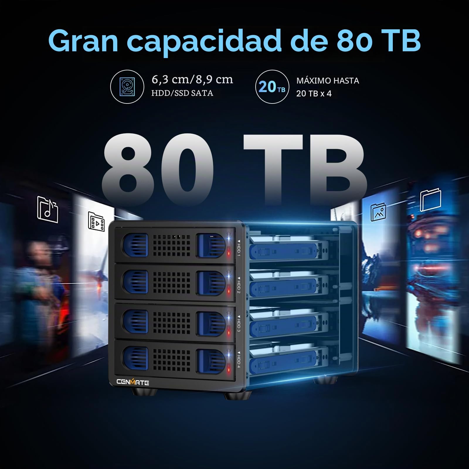 CENMATE Carcasa Raid de Disco Duro de 4 bahías para Disco Duro SATA HDD/SSD de 2.5/3.5 Pulgadas con Cable USB A/C 3.0, Lector de Disco Duro de 3.5 Compatible con Capacidad de 80 TB, 8 Modos