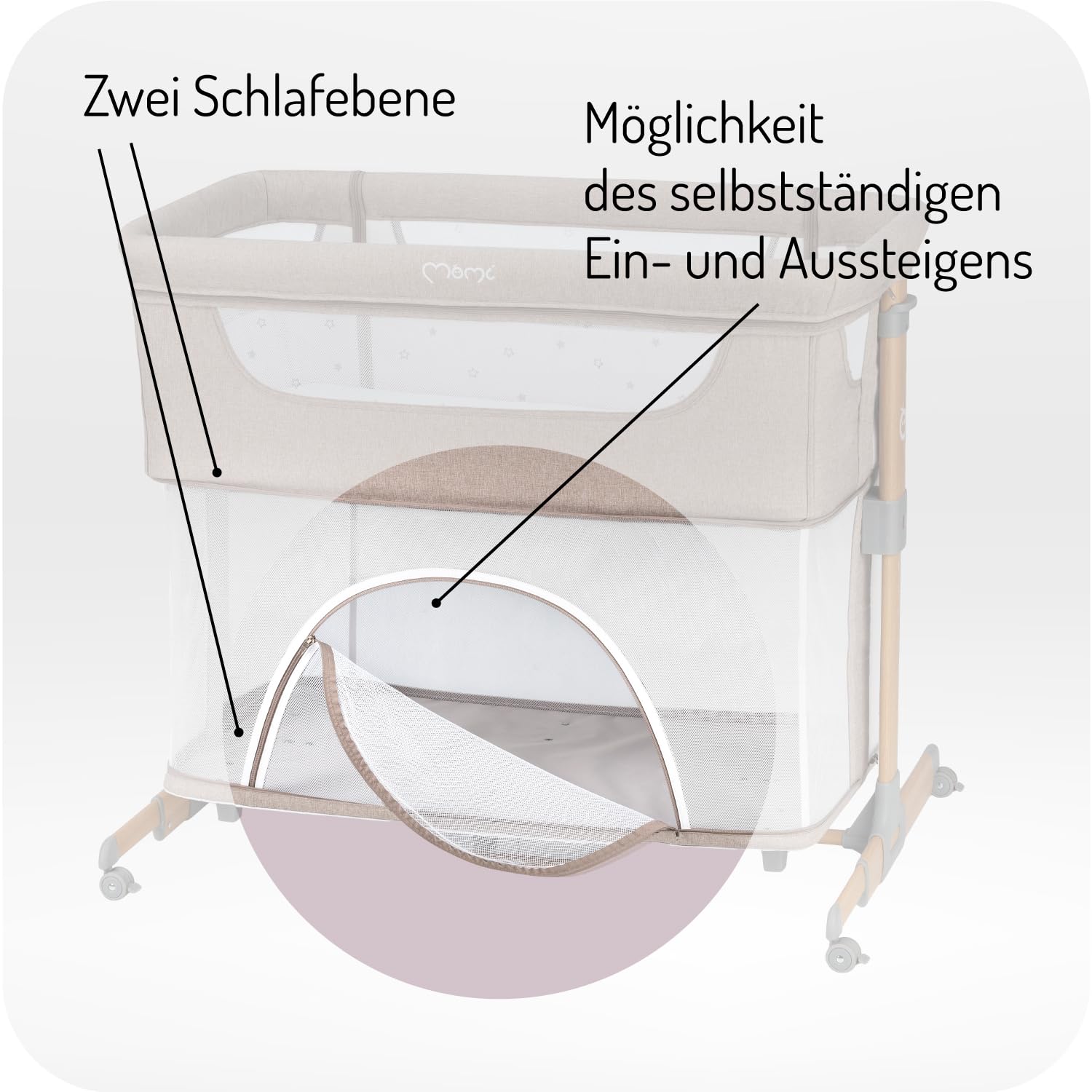 Momi SMART Bed 4-in-1 Kinderbeistellbetten bis 15 kg, Beistellbett für Babys mit Matratze, Höhenverstellbar
