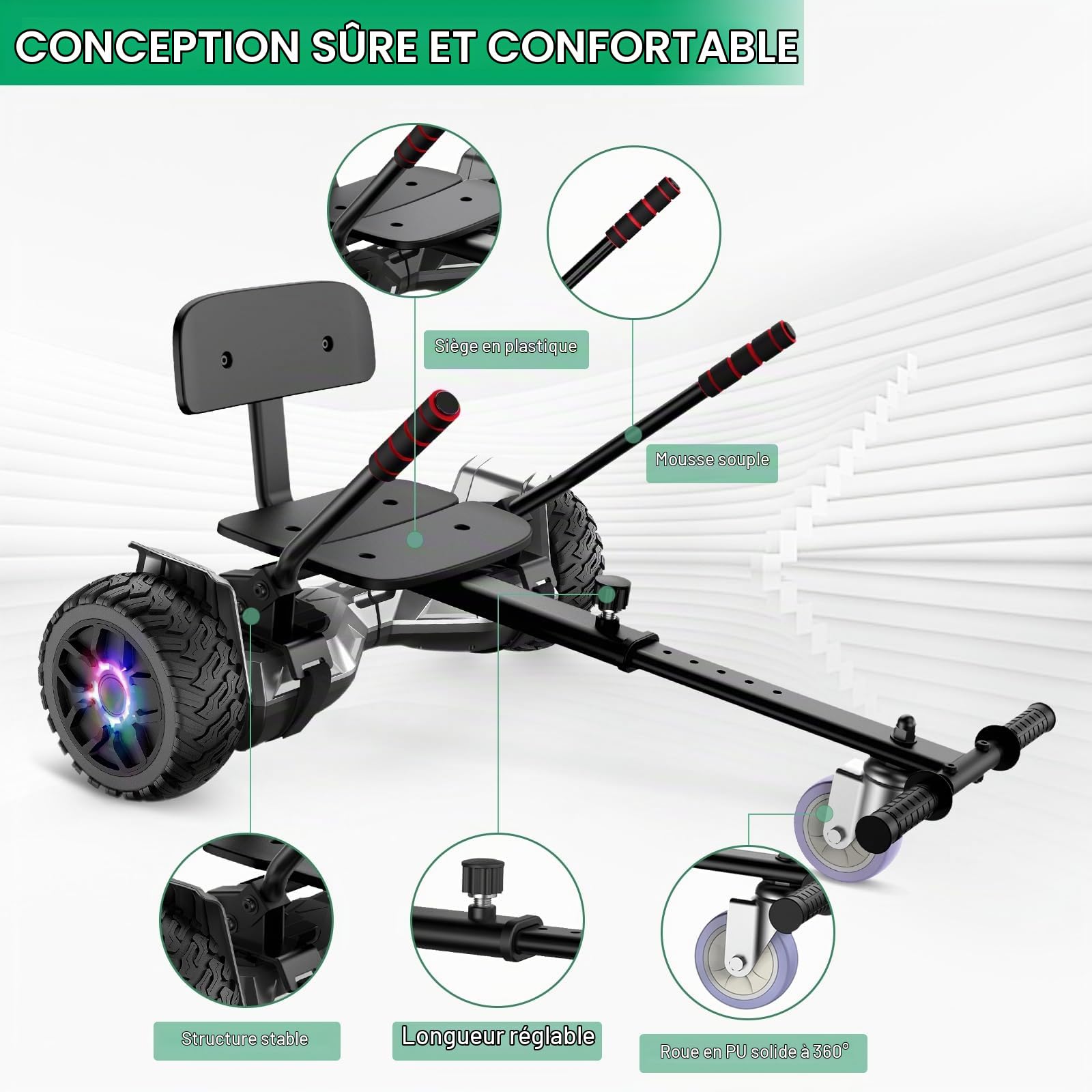 Hoverboard avec siège, hoverboard tout-terrain avec hoverkart, 8,5 pouces avec auto-équilibre, hoverboard tout-terrain avec haut-parleur Bluetooth, LED, cadeau pour les enfants
