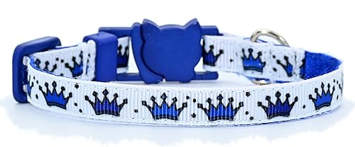 Blue Crowns Cat or Kitten Collar - King - Prince - 38 Inch Wide - 2 Sizes Adjusts 6 to 8.5 or 7.5 to 12 Inches - Breakaway Safety Buckle (Kitten - 6