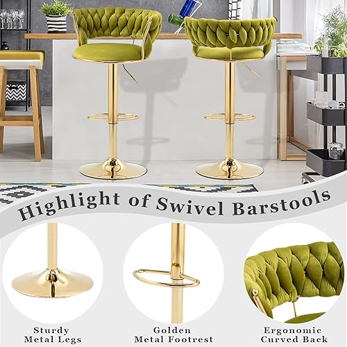 Miniatura 19 de Juego de 2 taburetes de bar giratorios modernos, taburete de bar de terciopelo ajustable en altura con respaldo y reposapiés dorado para comedor,