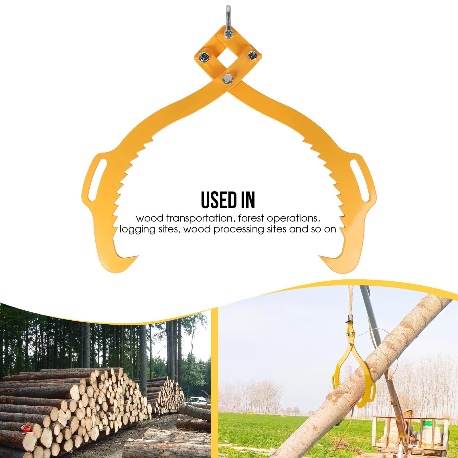 SWAWIS Pince a Bois Forestier pour Troncs en Acier Allié, Pince de Levage pour Grumes pour Bûches Jusqu'à 740mm, Capacité de Chargement : 1200Kg, Grappin Lourd Griffe à Bois(Jaune)
