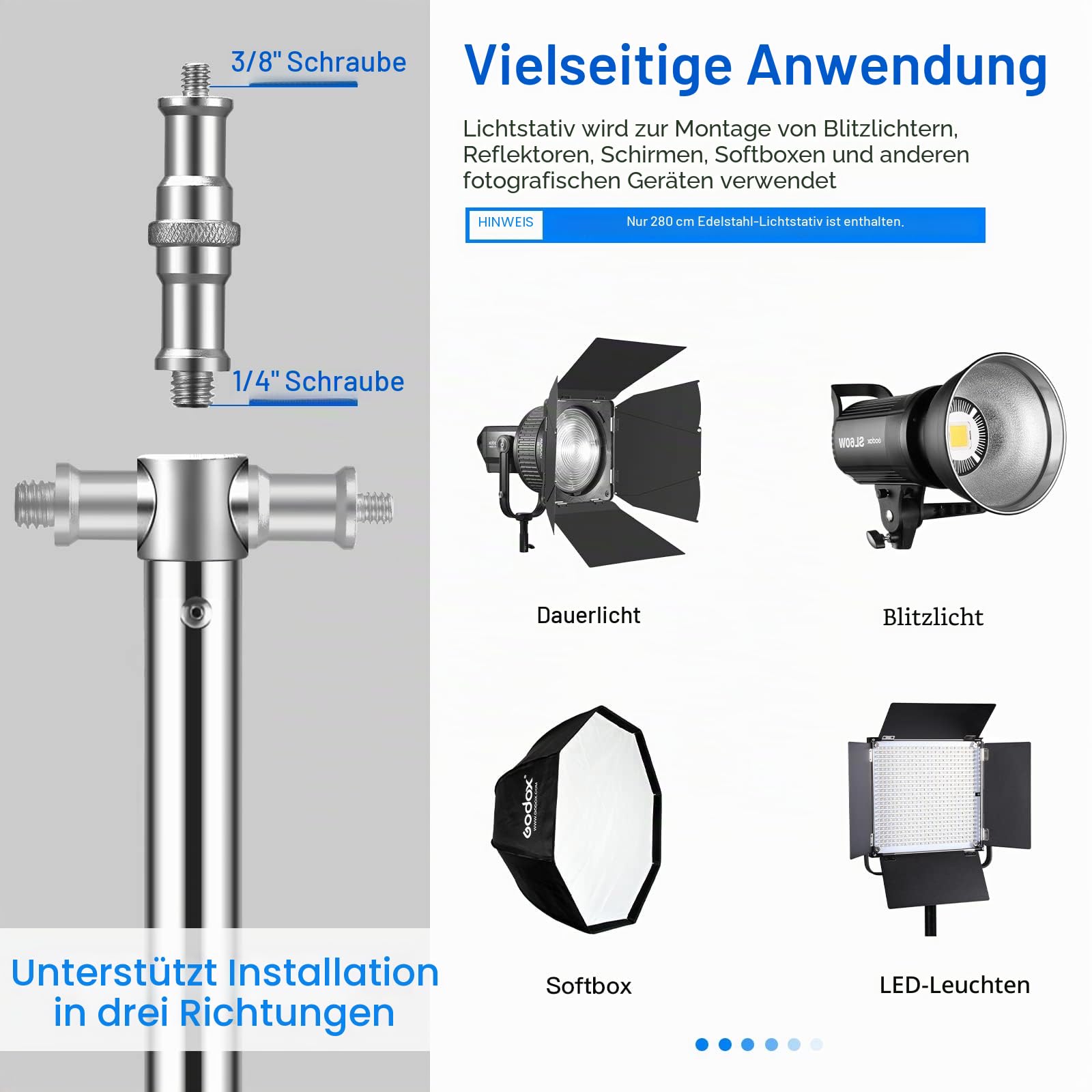 Edelstahl Lichtstativ 110"/2.8m, Federgedämpftes Heavy Duty Stativ mit 1/4" auf 3/8" Universal Adapter Einstellbarer Lichtständer für Fotografie Studio Softbox Reflektor Portrait, 2 Stück