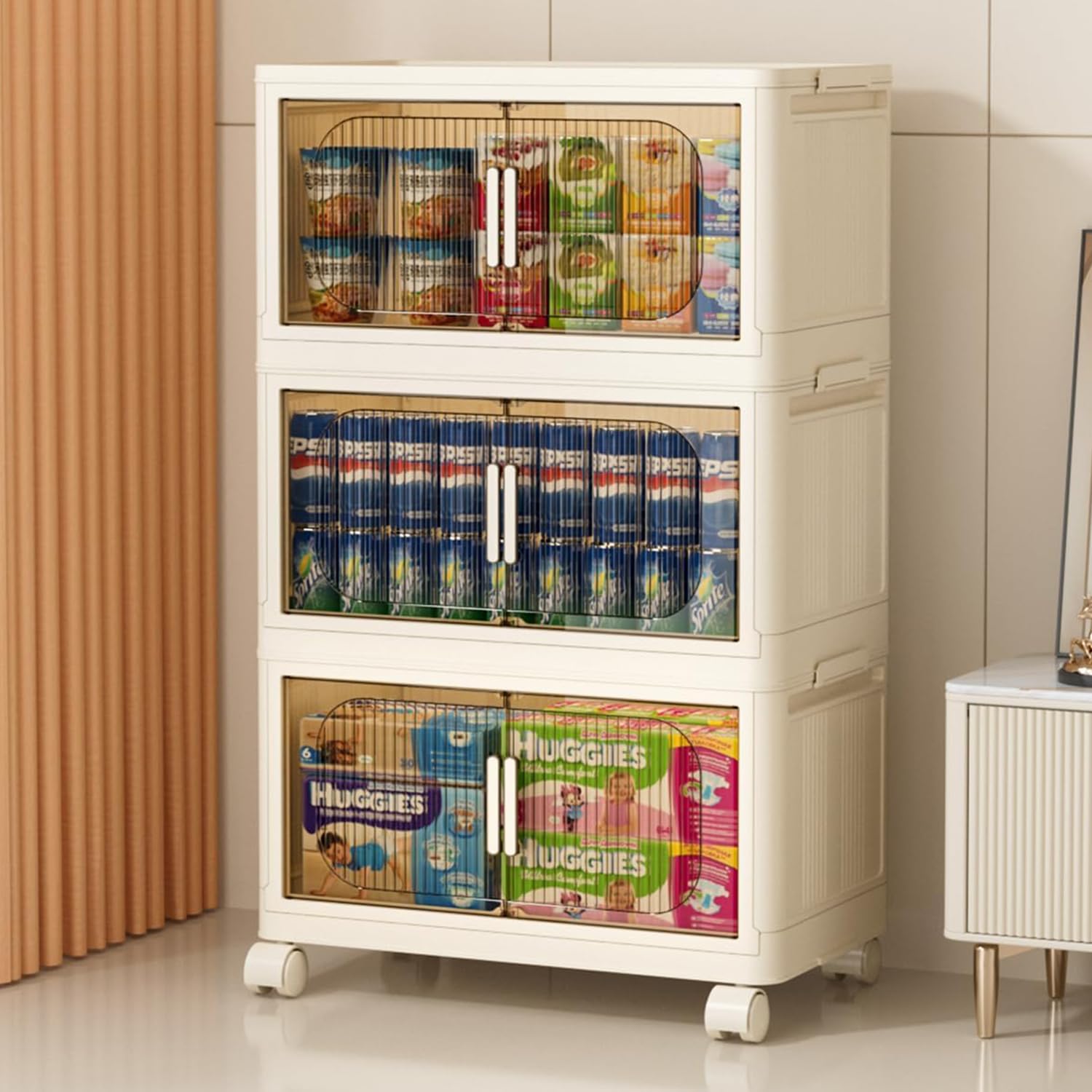 Storage Bins with Lids, 123QT Plastic Storage Bin, Collapsible Storage Bins with Wheels, Foldable Storage box with Doors, Storage for Closet, Home and Office, Storage Cabinet, 3-Tier