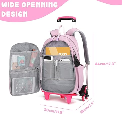 Tanou Schooltas met wieltjes voor meisjes, 40,6 cm, licht, basisschool, afneembaar, schoolreizen, 4-9 jaar, Roze Blauw