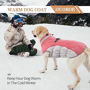 OUOBOB Dog Jackets for Large Dogs, Large Dog Winter Coat, Pet Cold Weather Coats, XXXL Pet Jacket with D-Ring, Waterproof Coat with Back Zipper,Snowsuit Labrador German Shepherd Doberman,Pink,XXXL