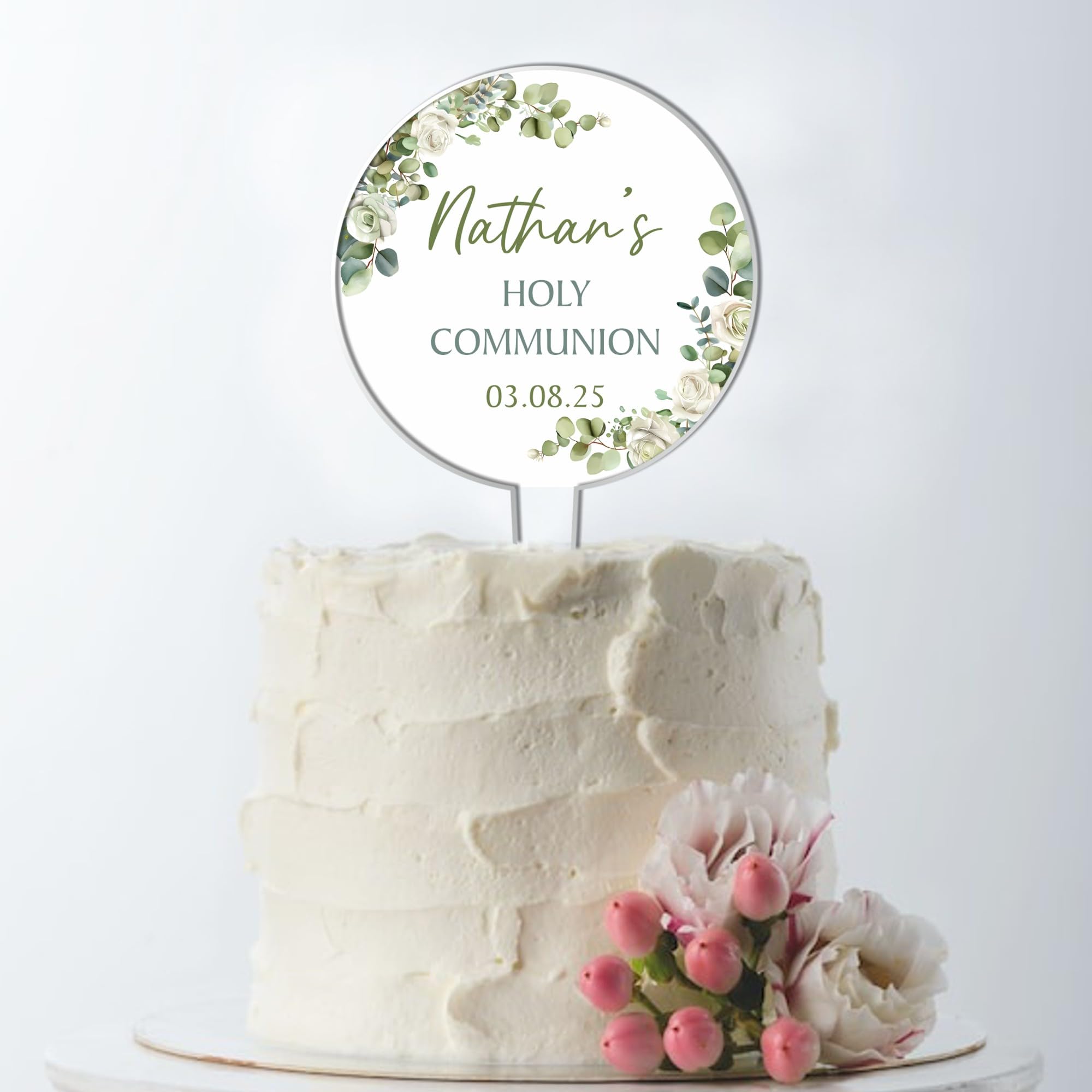 Personalised Floral Acrylic Cake Topper – Custom Child's Name & Date in Blue Pink Yellow for Christening Communion Confirmation Religious Ceremonies (Green, Holy Communion)