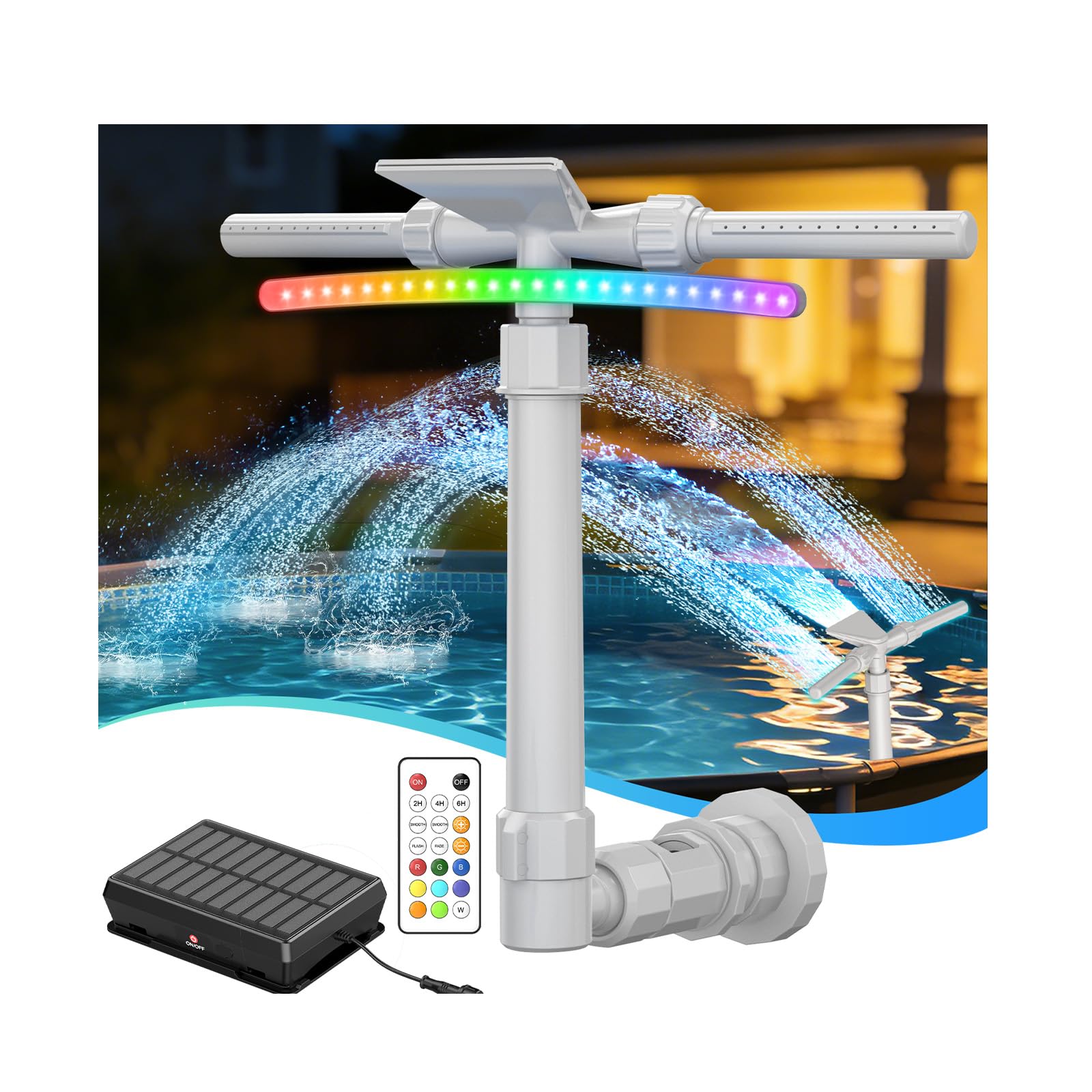 Cascata per Piscina Fuori Terra e Interrata con Luci LED Solari - Fontana a Doppia Testa 2 in 1 Regolabile, Raffredda l'Acqua 5-11°C, Telecomando, Accessorio per Piscine Intex