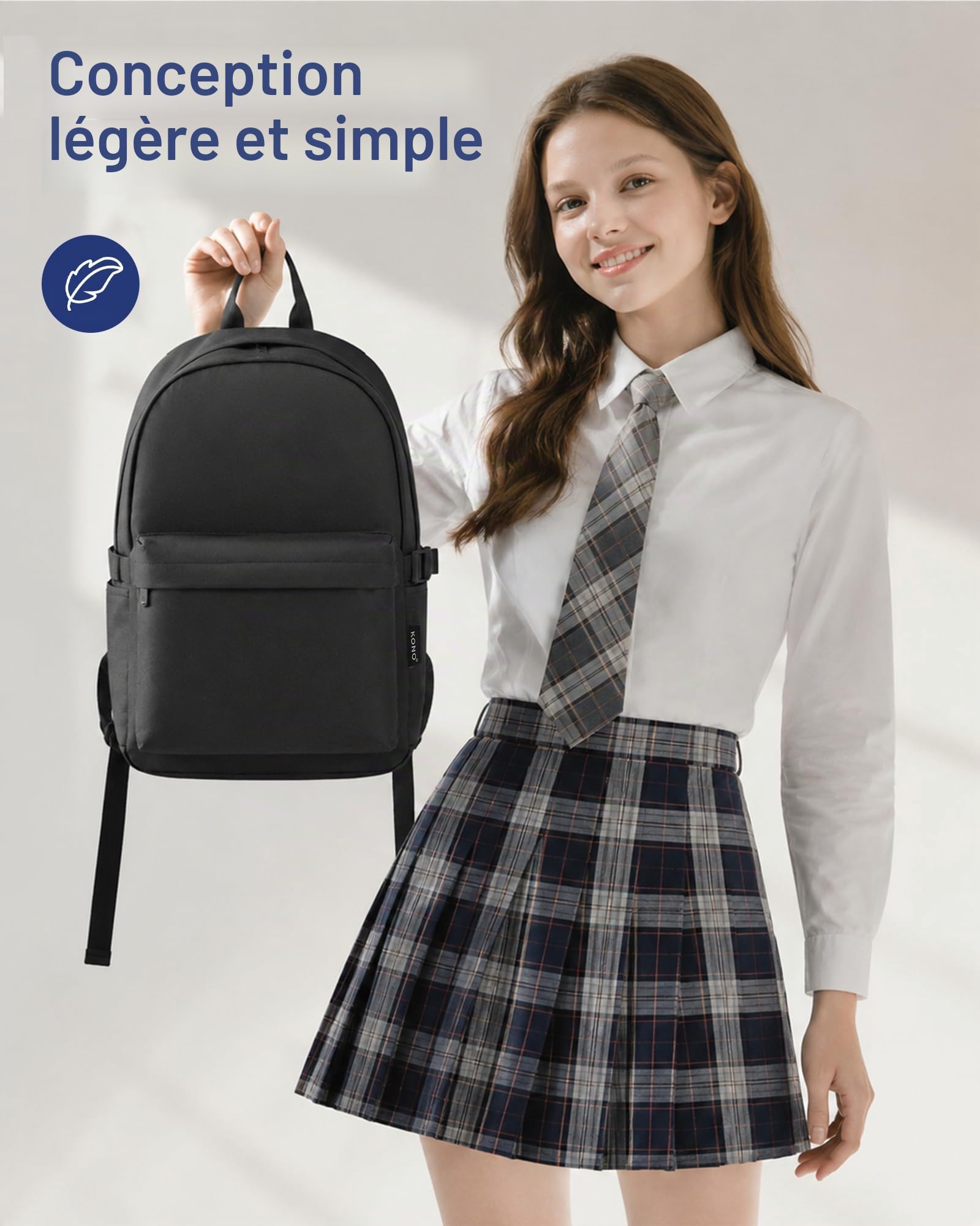 Kono Sac à Dos Scolaire Lycée Ado Étudiant Léger pour Garçon Fille, Sac d'École Travail Voyage, pour Collège et Université, Ordinateur Portable 15,6 Pouces