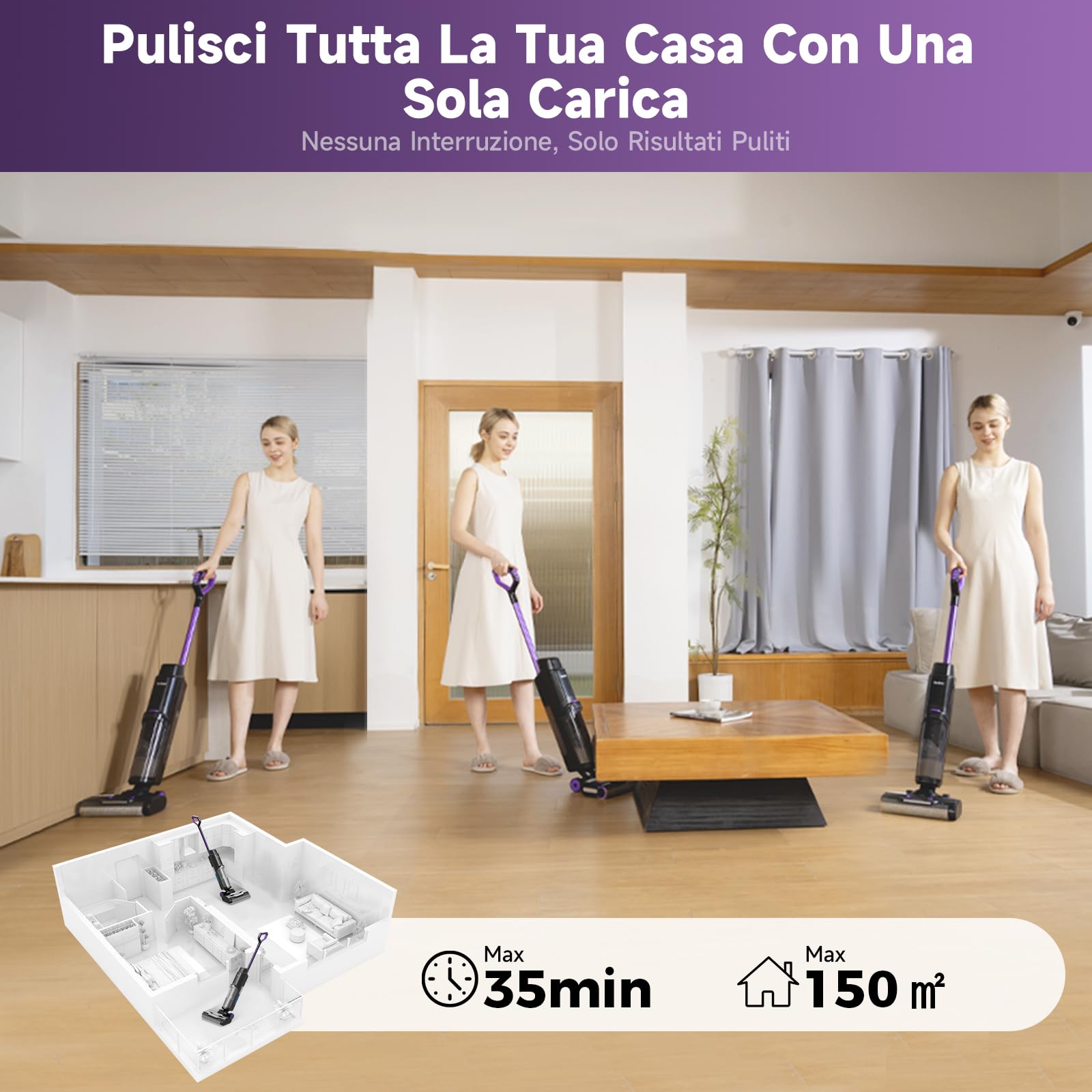 H15 Aspirapolvere Senza Fili Intelligente, 3 in 1 Lavapavimenti, 45Min di Autonomia, 65dB Avanzamento Automatico, Pulizia dei Bordi, Potente Aspirazione per Peli di Animali su Pavimenti Duri