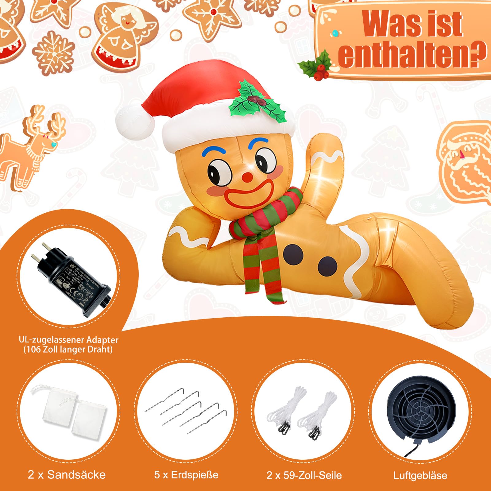 300 cm Aufblasbare Weihnachtsdeko Außen, liegender Weihnachtsdeko Aufblasbar Aussen Lebkuchenmann mit Integrierten LED Lichtern, Weihnachten Aufblasbar für Garten Rasen Hof Party Deko