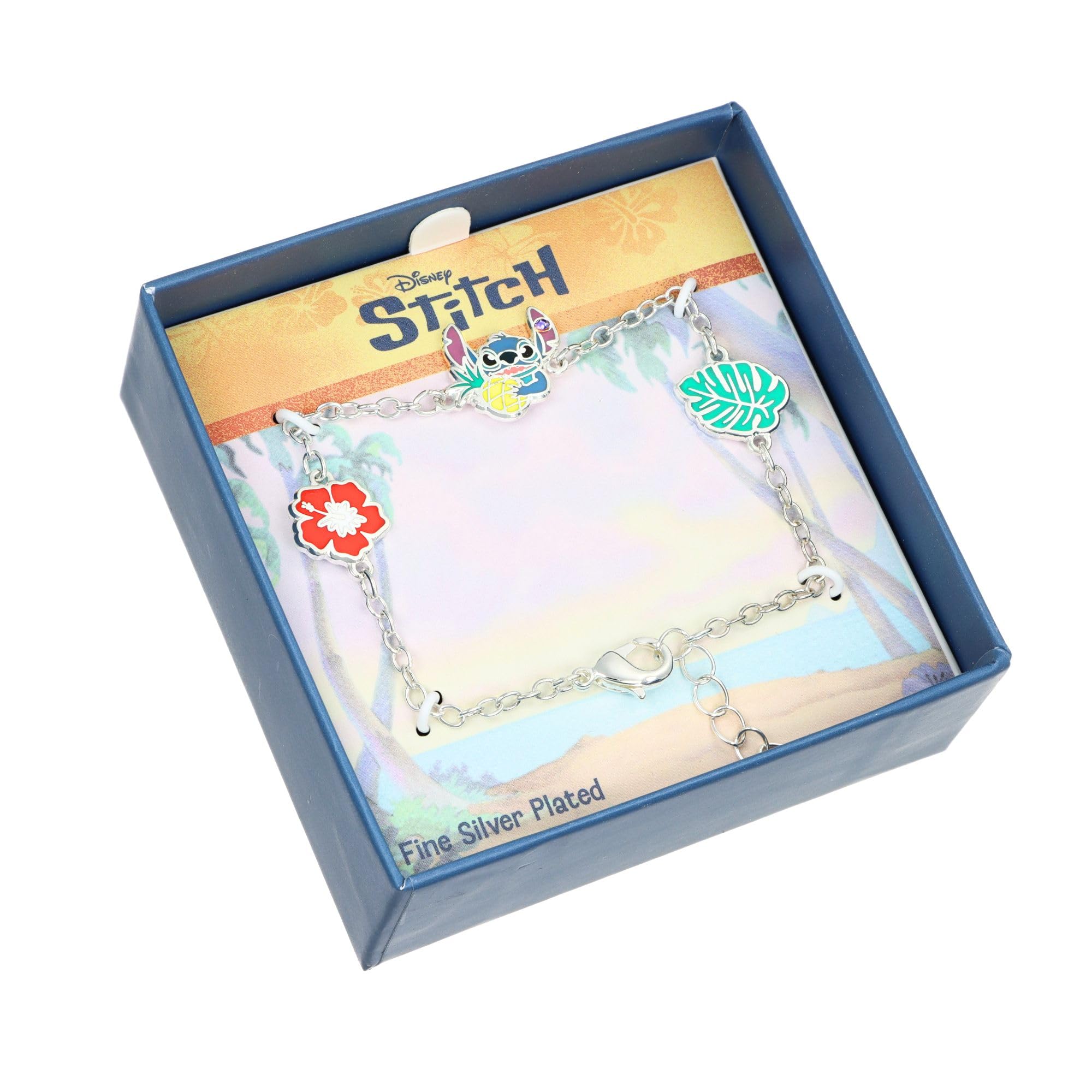 Disney Pulsera Stitch con Amuletos Hawaianos en Latón con Esmalte de Colores, Longitud Ajustable 17-20 cm, para Mujeres y Niñas, con Caja de Regalo, Joya Oficial Disney