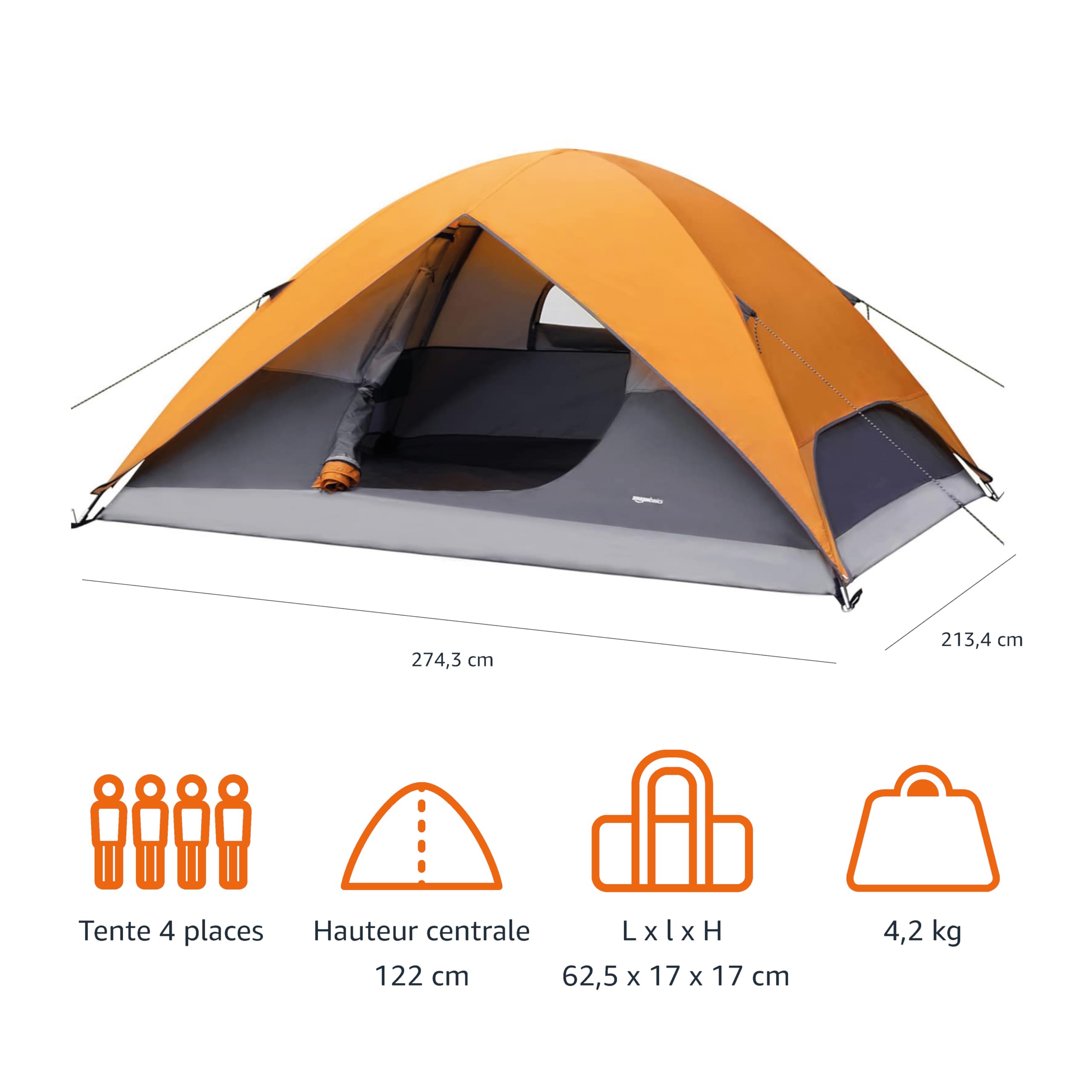 Amazon Basics Tente de camping dôme avec auvent et sac de transport, tente 3 saisons, imperméable à l'eau, facile à installer, pour 6 personnes