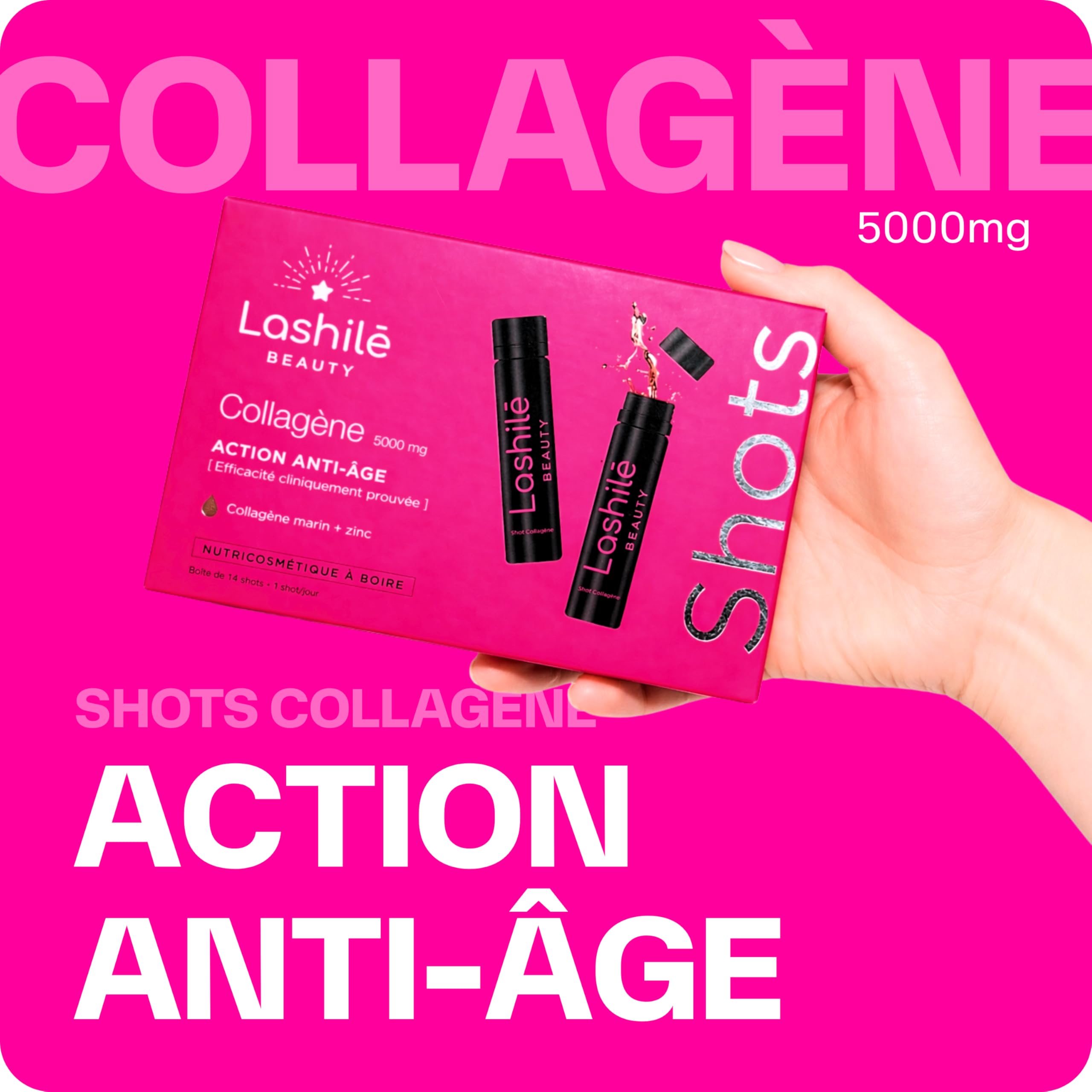 Lashilé Beauty - Complément Alimentaire - Anti-âge Global - Shots Collagène Marin 5000 mg - Type 1 et 3 -Nutricosmétique à boire - Collagène marin 1 et 3 Zinc - Made in France - Programme 1 mois