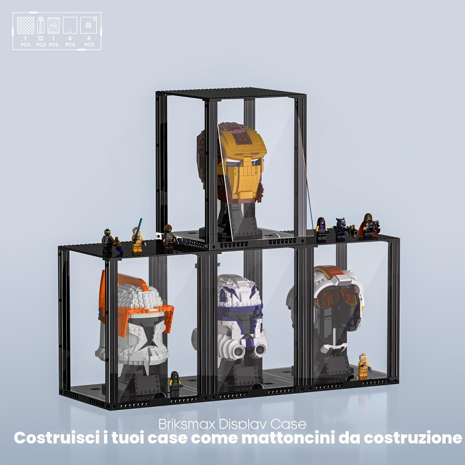 Briksmax Espositore in acrilico per elmetti da collezione LEGO, scatola protettiva antipolvere trasparente assemblata con cartone stampato, regalo per collezionisti LEGO (19,6 x 19,6 x 25,4 cm) (senza