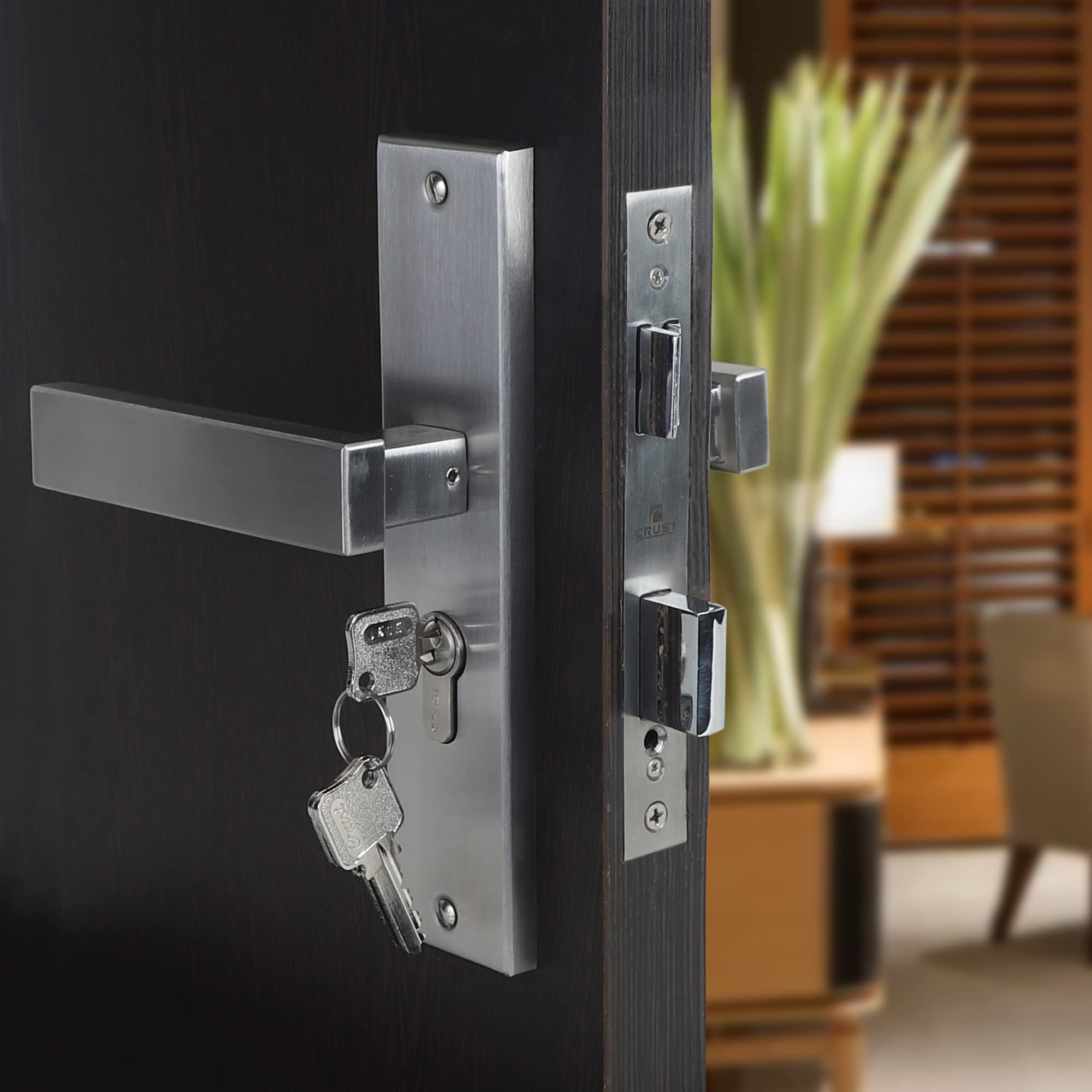 Blue Space Premium 8" Cylindrical Plate Mortise Door Lock Handle Set/Mortise Lock with Brass Lock Body and One Side Key 60mm Brass Cylinder Set with 3 Brass Computer Keys (LB1007, Matt Satin)