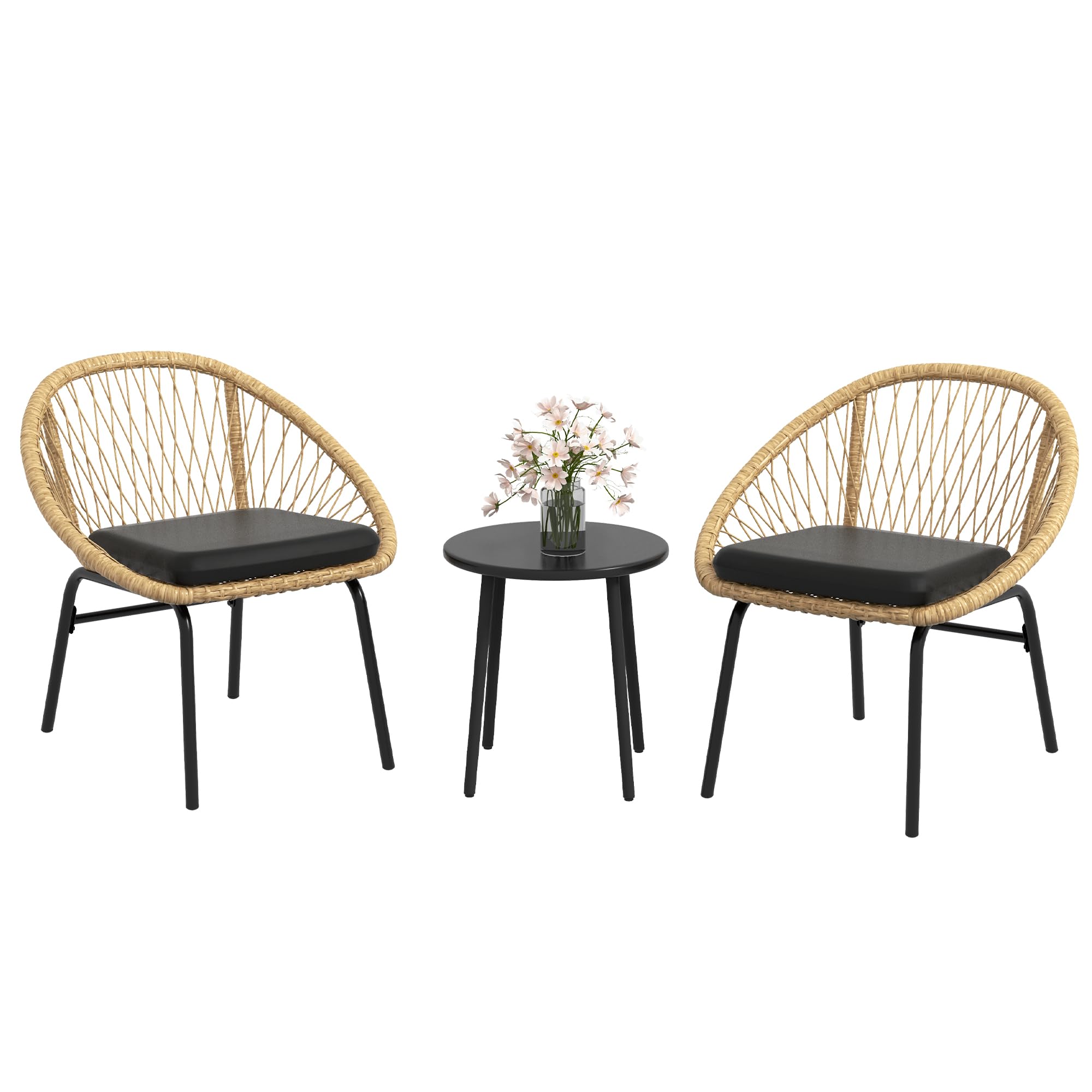 Outsunny 3-TLG. Rattan Gartenmöbel-Set, Balkonmöbel-Set mit Couchtisch Gelb | 2 Stühlen, Sitzgarnitur mit Kissen, Gartensitzgruppe für Balkon, Terrasse, Polyester, Outdoor