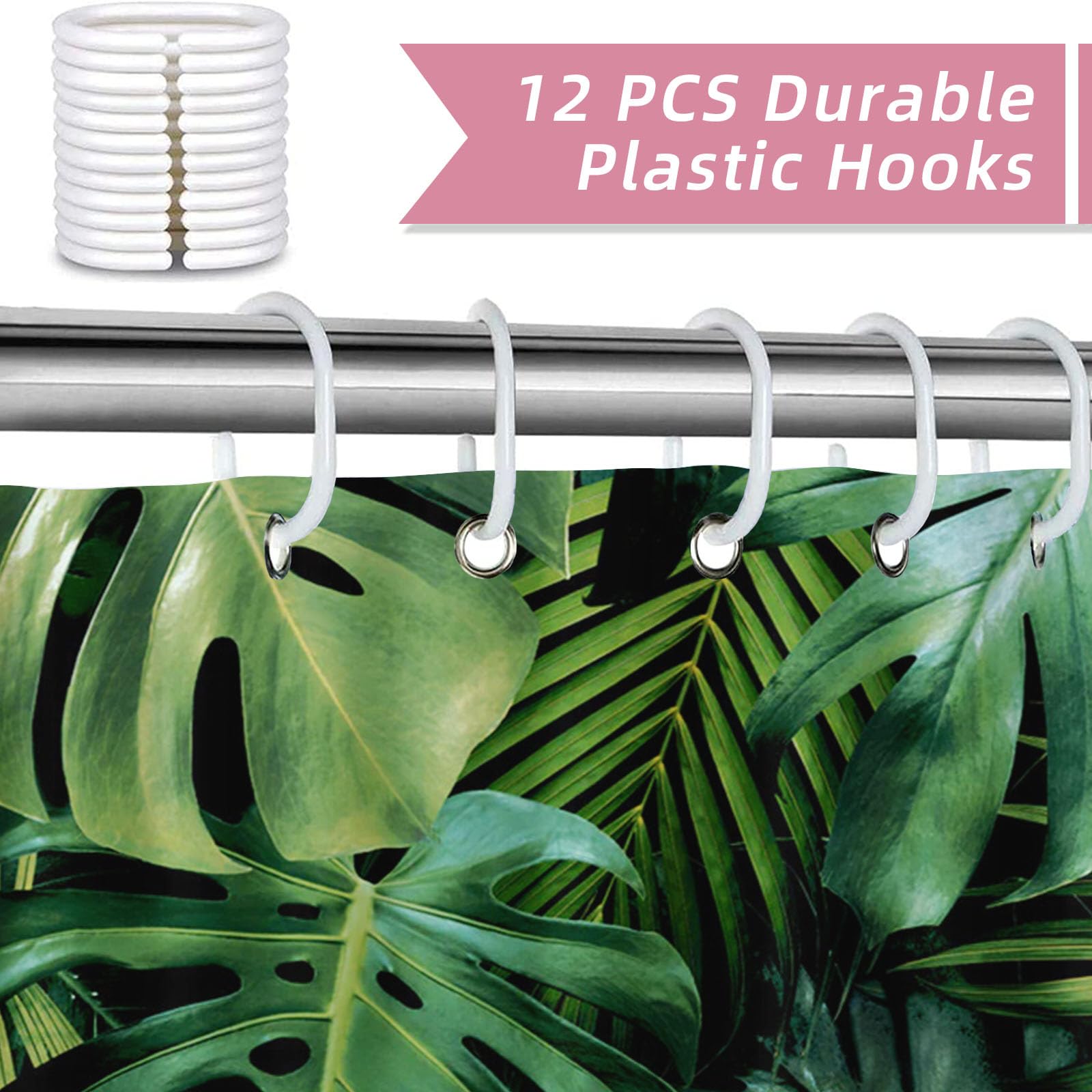 Ldtrchee Duschvorhang Ohne Haken – Mit Tropischem Blattmuster, Wasserdicht, 120x180 Cm, Mit Transparentem Fenster
