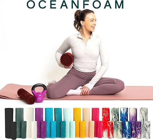 Miniatura 107 de Oceanfoam Tidal Roller - Rojo, Azul Marino Oscuro y Natural Marmóreo - Rodillo de espuma para masaje muscular para dolor de espalda y estiramiento -