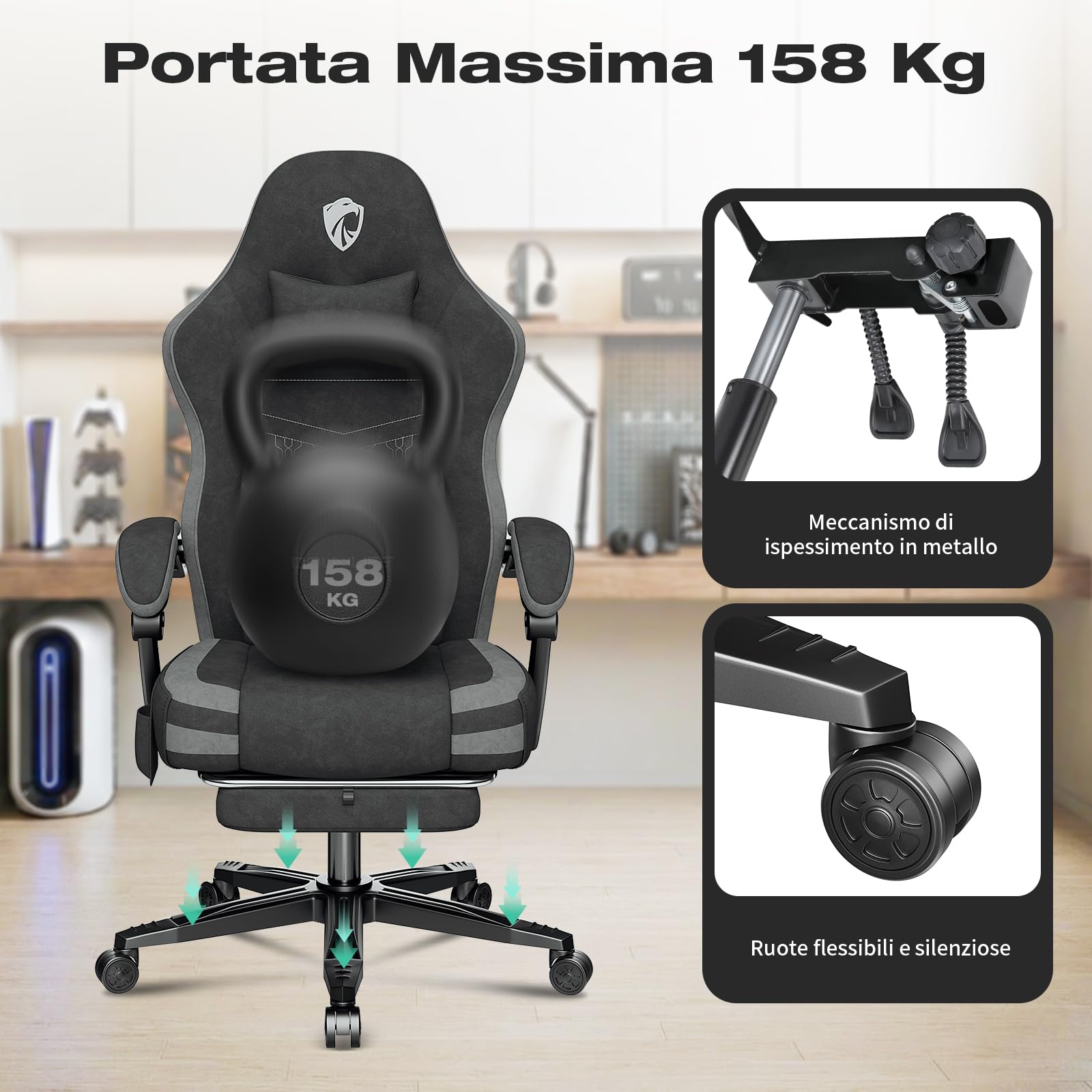 Douxlife Sedia Gaming Ergonomica, Sedia da Ufficio in Tessuto High-Tech,con cuscino primaverile, con Cuscino Lombare Massaggiante, Piedini metallici e Borsa Portaoggetti, Portata 158kg (Grigio)