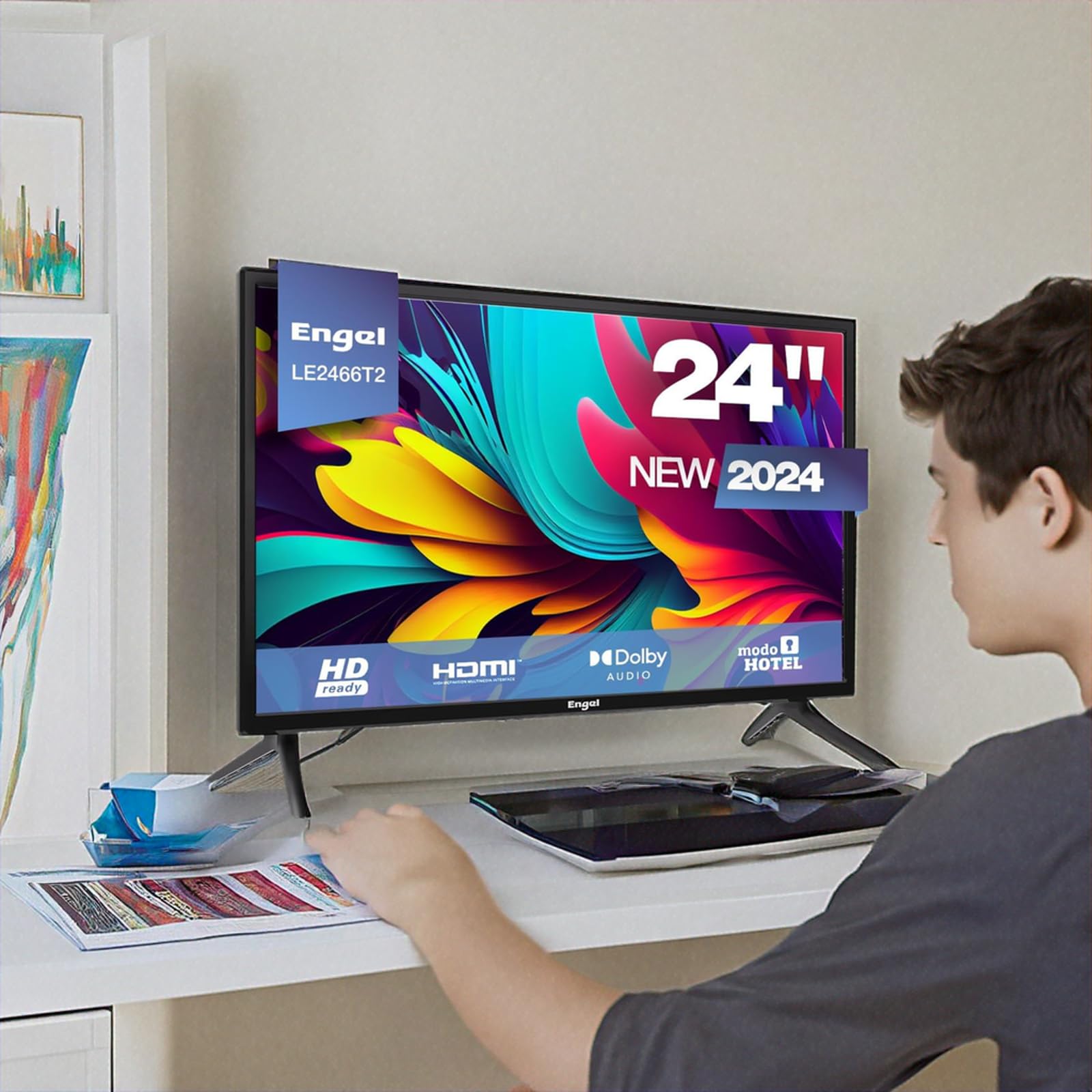 Engel TV LED 24” LE2462CA HD Ready con adattatore 12–24 V per caravan e campeggio, DVB-T2/S2/C, PVR e Time-Shift, Dolby Audio, 3 HDMI, 2 USB, modalità Hotel