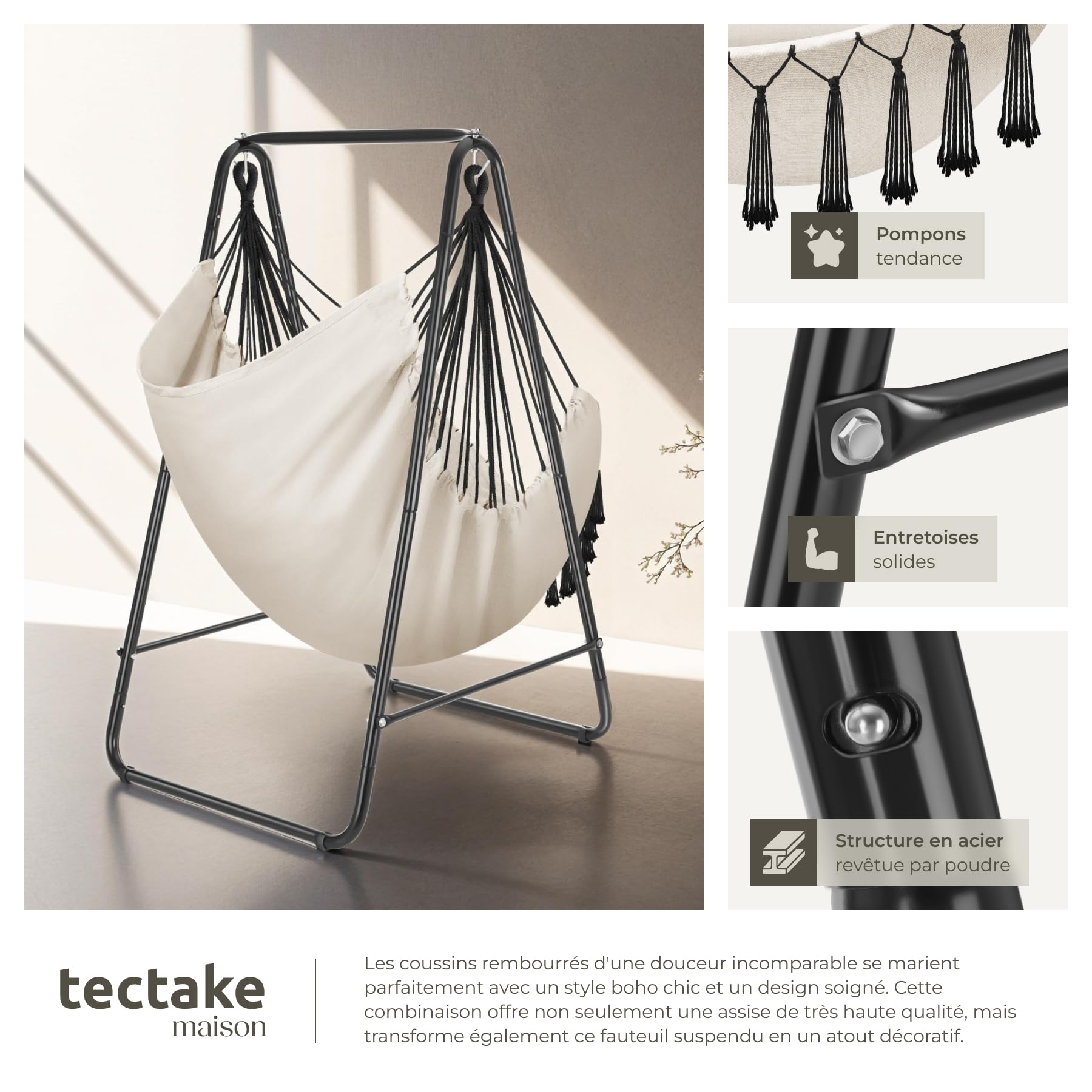 tectake® Fauteuil Suspendu Hamac Intérieur & extérieur avec Structure, Fauteuil Relax, Fauteuil de Lecture 1 Place Balancelle, Fauteuil Salon, Coussin Chaise Inclus Decoration Salon cocooning