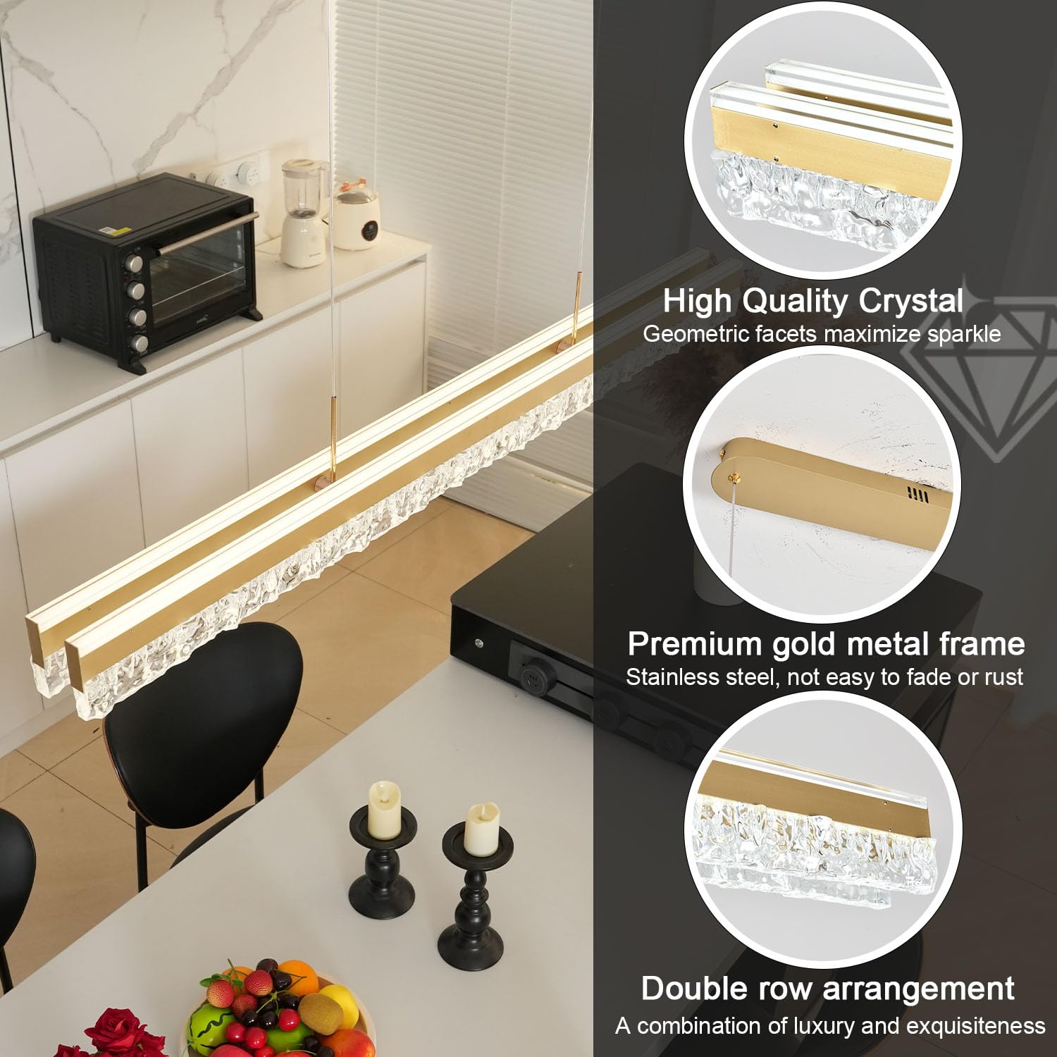 Goldene LED Pendelleuchte Moderner Kronleuchter Linear Kristall Esstischlampe Hängend Kücheninselbeleuchtung Minimalistische Dimmbare Deckenleuchte für Esszimmer mit Fernbedienung