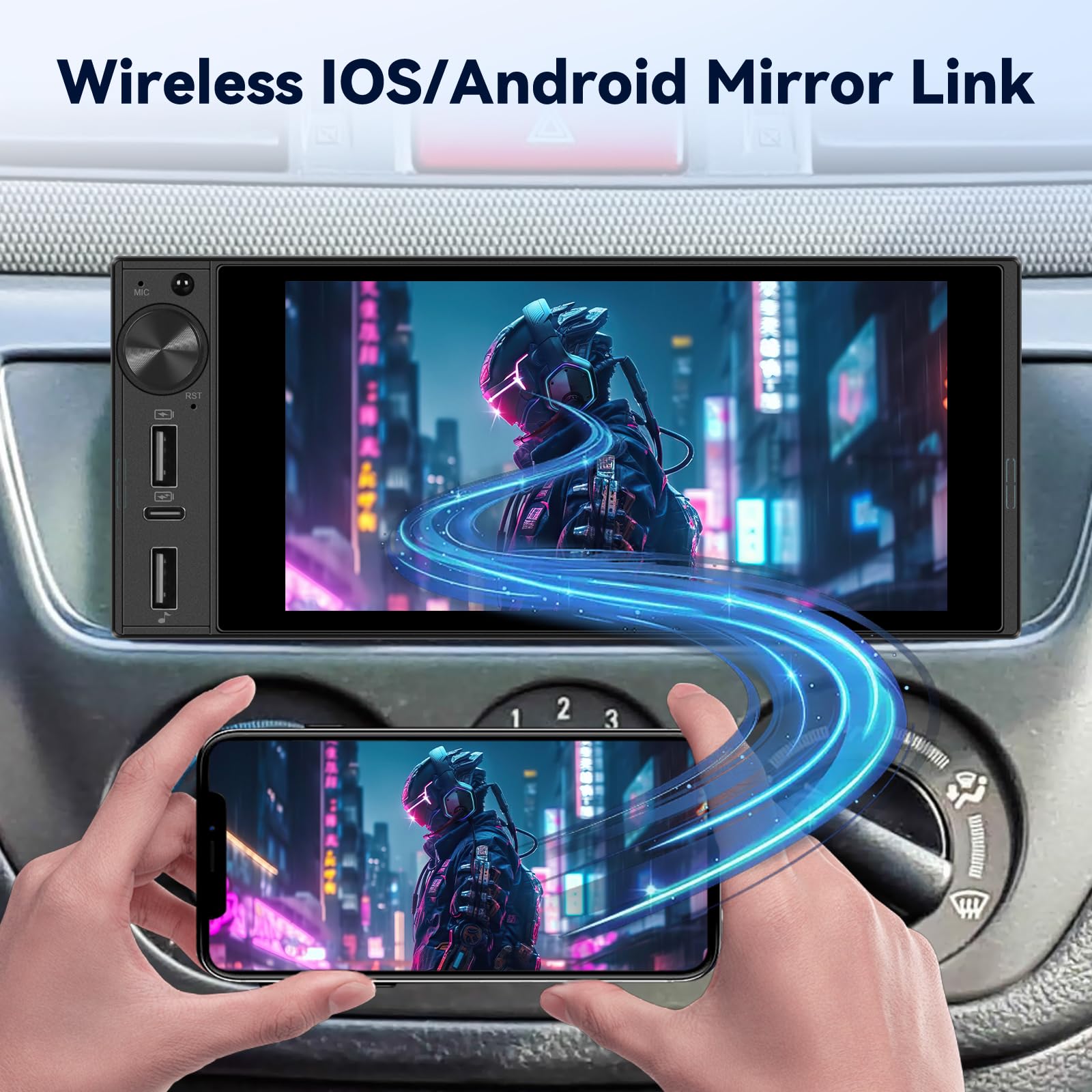 NHOPEEW Autoradio 1 DIN Avec CarPlay et Android Auto Sans Fil, Radio FM, commandes au Volant, Prise en Charge de la caméra de recul, Double Port USB + Type-C à chargement Rapide