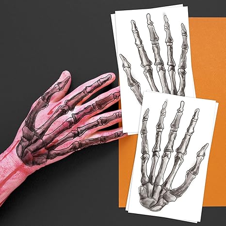 4-Pack Skeleton Hand Temporary Tattoo Stickers for Adults and Kids, 4.9 x 8.2 Inch Halloween Cosplay Skeleton Tattoos for Hands and Body