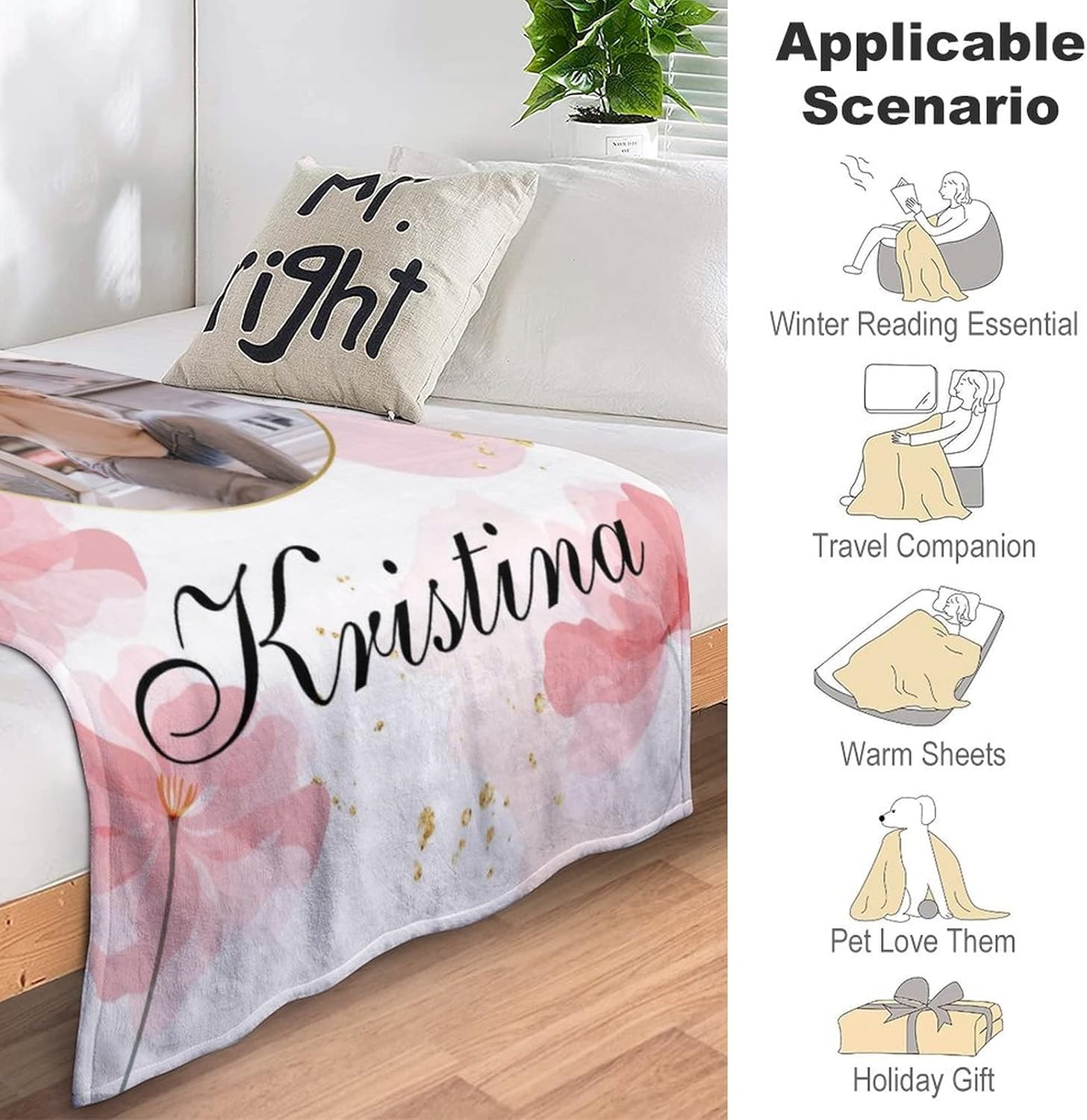 Personalized Baby Blanket for Girls with Name Custom Photo Throw Blanket Customized Name Receiving Swaddle Floral Blanket for Infant Newborn Toddler Kids Personalized Baby Girl Gifts Birthday 40"x50"
