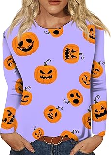 Autumn Long Sleeve Tops for Women 2023 Halloween Pumpkin Print Tee Shirts Halloween Costumes for Women Ladies Fall Round Neck Tops Casual Pullover Comfy Blouse Fashion Graphic Shirts for Women