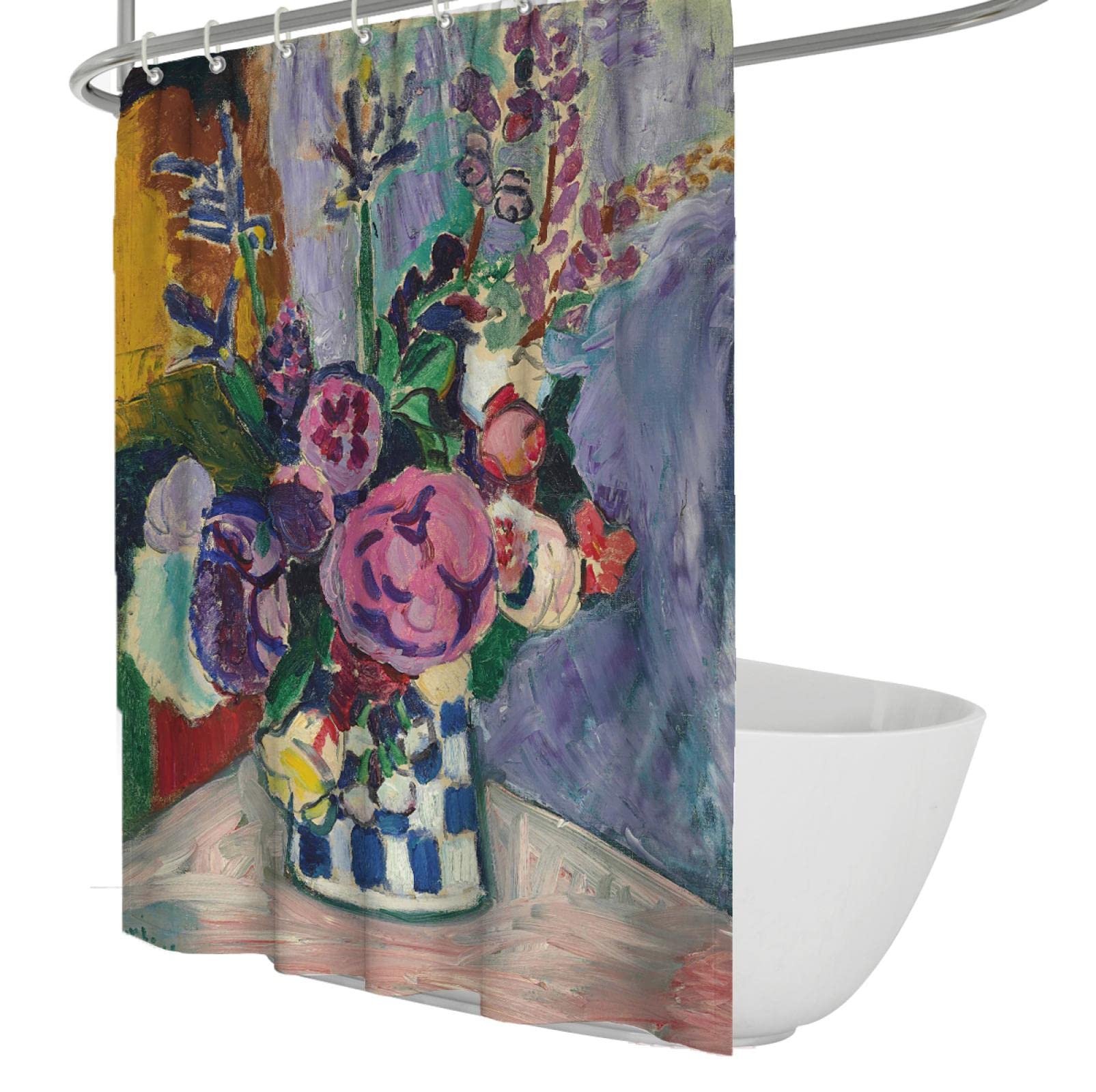 DINGSION Henri Matisse Personalized Shower Curtain Still Life Vase Rustic Watercolor Floral Waterproof Shower Curtain and Liner Set with Hook W180xL240cm