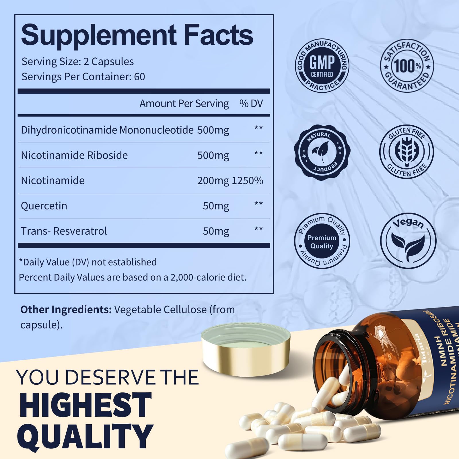 NMNH (Dihydronicotinamide Mononucleotide), NMNH Supplement w/Niacinamide (Vitamin B3), Quercetin, Trans-Resveratrol, Support NAD+, Anti-Aging, Skin Cell Health & Energy, 240 Count